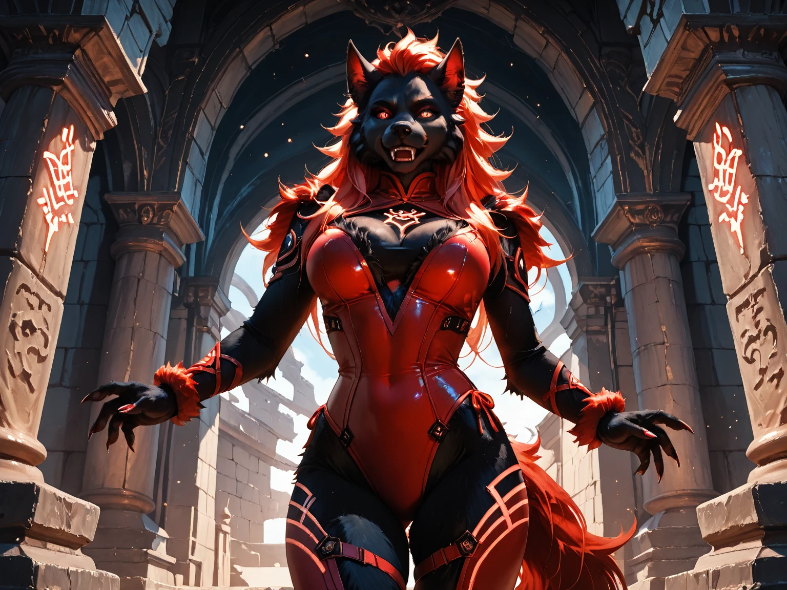 best quality, 1 girl, macro colossal size, dragon face, orange eyes, black furr, red belly, dragon female, colossal, furry female, Anthropomorphic, (in a night castle ruins), conqueror.