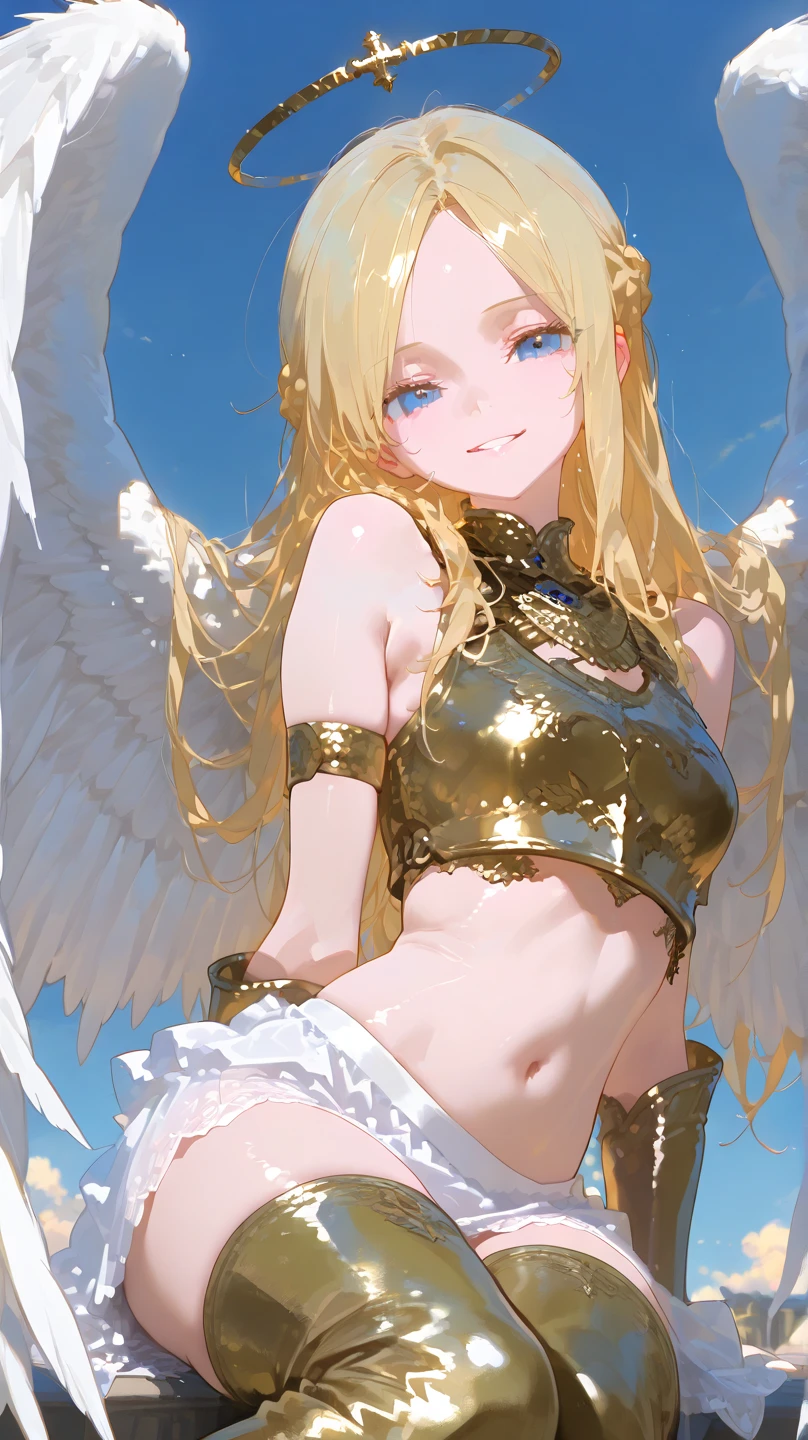 NSFW,masterpiece,top-quality,realisitic,In the clouds"cumulonimbus clouds,the setting sun,Seduced Angel Woman,infp young woman,a blond,The long-haired,Shiny hair,Blue eyes,Navel Ejection、Sexy lace see-through underwear,Clothes with less fabric area,Thigh garter belt,White lace stockings,Cross Necklace,wingspan,aureola,Seductive look,Red face,Open your mouth slightly,Wet,The body is floating,Sitting in the clouds,open one's legs,Sweating,Flying feathers,low angles,
