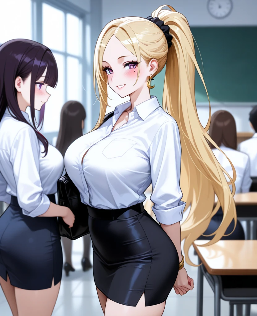 Top quality, classroom, female teacher, beautiful face, beautiful eyes, sharp eyes, intelligent features, huge breasts, curvaceous, narrow waist, white shirt, black tight skirt, after the fact, disheveled hair, disheveled clothes, sweat , bewitching smile,