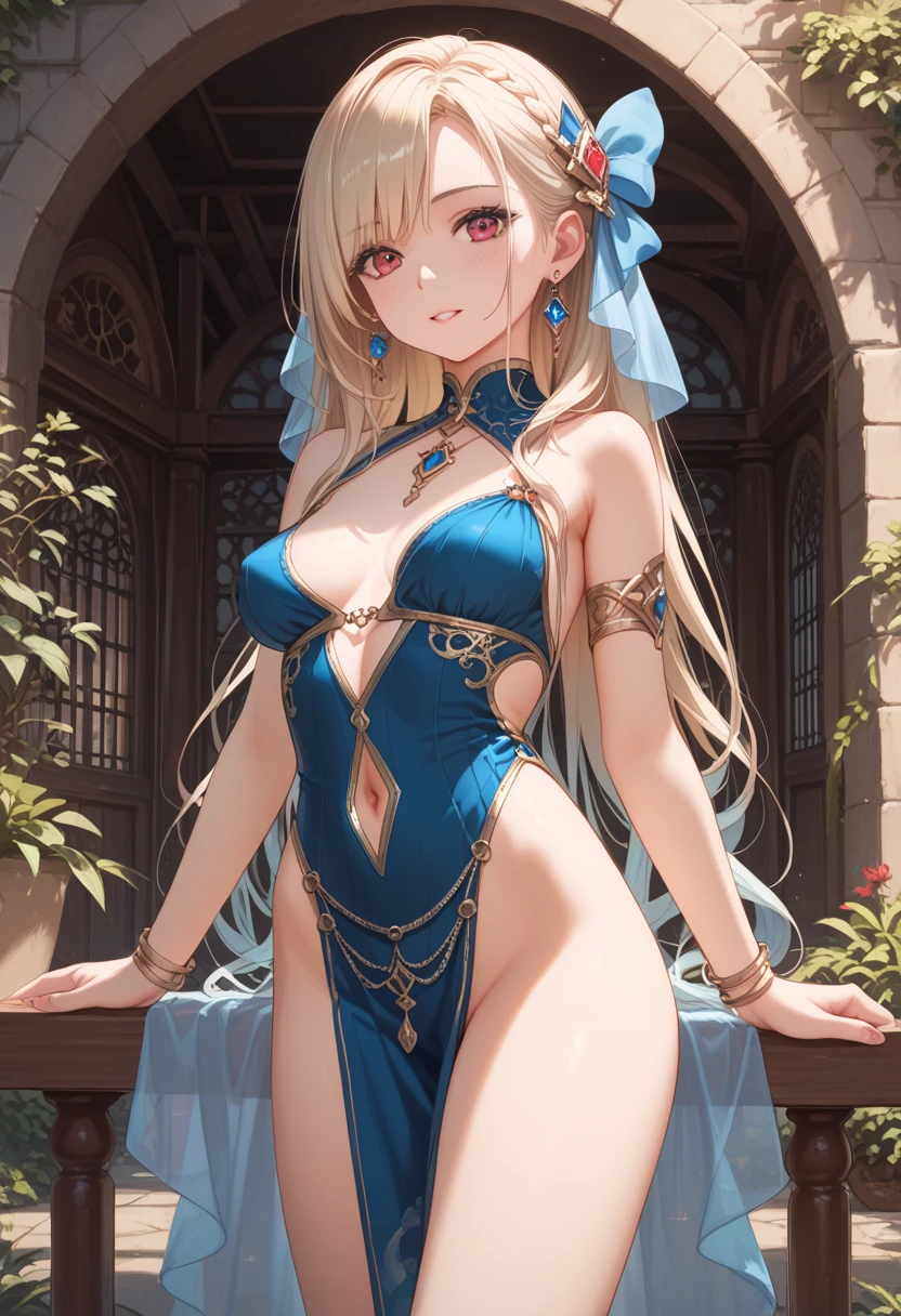 people、woman、blue eyes、Blonde Hair、smile、A sexy costume made of semi-transparent vinyl、Full body image、Very large breasts、Standing pose、 BREAK 背景はファンタジー都市 ,outdoor , BREAK looking at viewer, BREAK (masterpiece:1.2), Highest quality, High resolution, Unity 8k wallpaper, (figure:0.8), (Beautiful attention to detail:1.6), Highly detailed face, Perfect lighting, Highly detailed CG, (Perfect hands, Perfect Anatomy), information