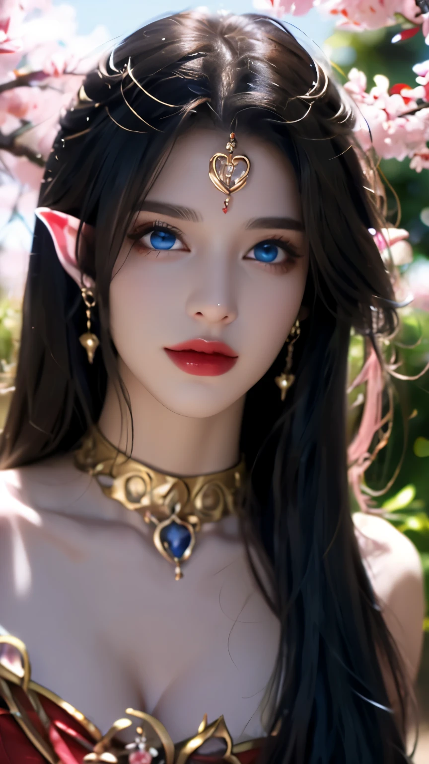 One 20 year old girl, (breast :1.1), navel,upper body,bare shoulders,wears red tube top,red skirt, blue gems,shiny skin,hand in own hair,(mature female),milf, beautiful cai lin, deep blue eyes, jet black long hair, face symmetry 8k resolution high quality. background: around the garden surrounded by Sakura trees with fluttering sakura petals,
Image from head to thighs, hourglass figure, bare round shoulders, exposed midriff, a tilak on her forehead,ornamental logo on her forehead, snake crown, necklace, earings with blue gem, long black hair bangs, pointy ears,golden bracelets,Bright lightening under the sun through sakura canopy. High quality 16k resolution,( HDR :1.3), cinematic look, ultra-detailed,ultra lightening, (photorealistic :1.4), long thin straight eyelashes, dense black eyelashes,sharp eyes, diamond shaped head, straight nose, closed heart shaped lips, front view pose looking at viewer, sexy, (intricate details: 1.1), (masterpiece: 1.3)