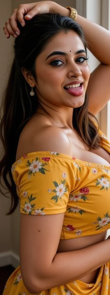 Malay girl wear small floral baju kurung malaysia in college,big breast, long golden brown hair, wavy hair, detail skin, detail skin texture, mole below eyes,big hip, big waist, big round ass, big thigh, slim abs, beautiful body, nighttime, laughing, happy, bright lighting, college student in background, crowded college, blur background, bokeh,, realistic,sweat skin, wet clothes, wet body, big breast, ((full body))soaked, dripping, smiling at viewer, closeup