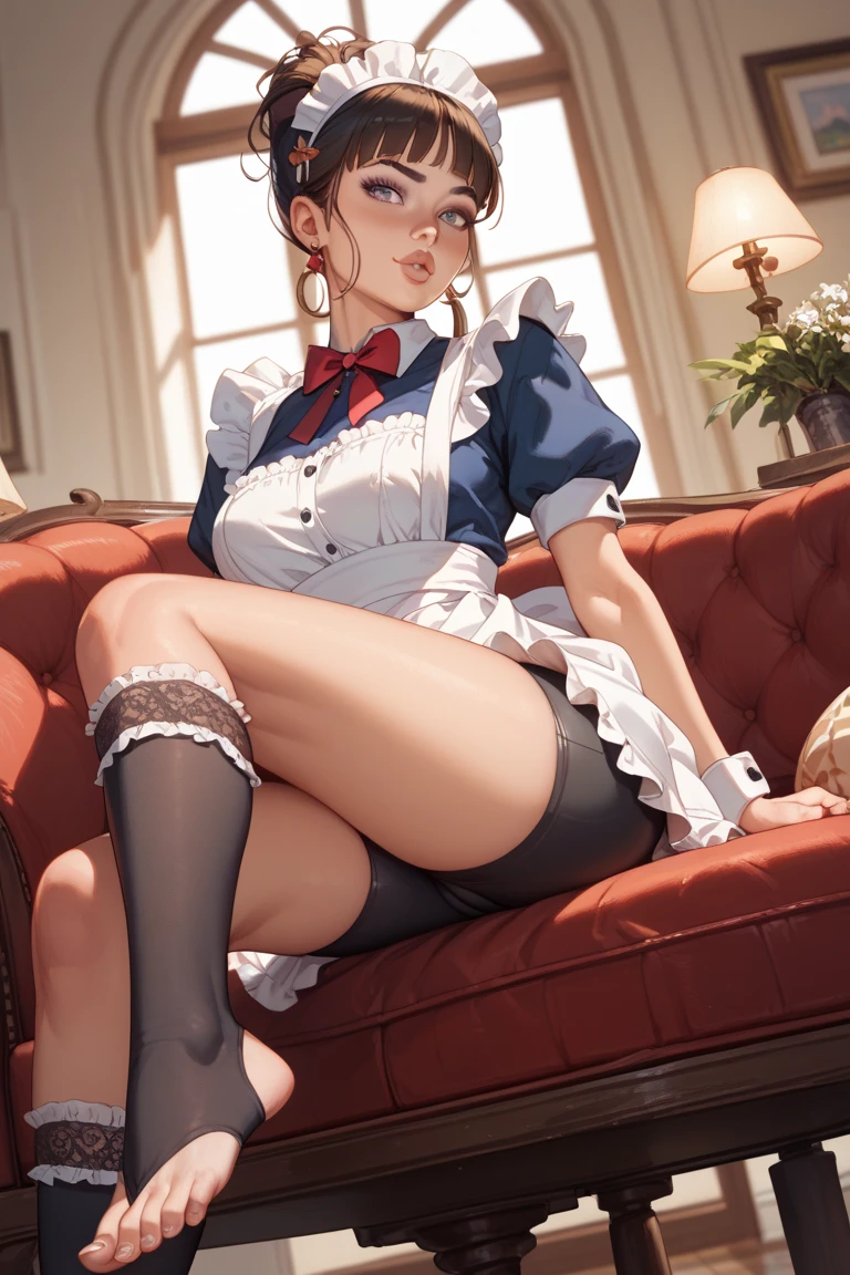 Masterpiece、Highest quality、Highest quality, (long and thin legs, shoes:1.2), Arm behind wrist, squat、Spread your legs、1 girl, (smile、Open your mouth大笑い:1.2), Cute blue eyes, (Detailed face:1.3)、Open your mouth, The whole face turns red, alone, Big and ample , (Straight bangs, Twin tails), White maid outfit、Side bust、Underbust、belly button、ing through the mansion'corridor、nsfw