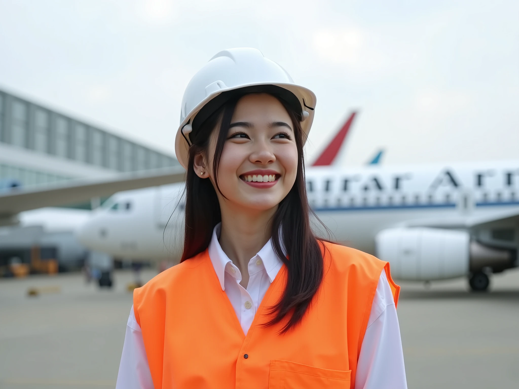 25-year-old Asian woman, feliz, sorrindo, working outdoors at the airport and airplanes in the background of the image. Uniformed image with white helmet and orange safety vest. In the background parked planes. full body image. Imagem full hd, 8k