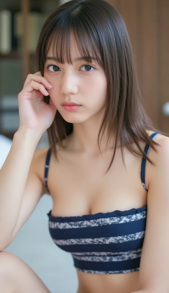 (highest quality:1.2), ,In 8K, RAW Photos、nude、naked、No clothes、Push your chest up、tight waist、Large Breasts、Pink nipples、Shooting from above、Platinum Blonde Hair, (blue eyes, , :1.2), Upward Gaze、A wistful look、Open your mouth、Sweaty body、An excited look、blushing face、kneel、Quite large breasts、Cleavage、Red underwear、Whole Body Ezbian, Stunningly beautiful girl, A clear aura,Face Light, Professional Lighting, Cinema Lighting, Detailed face, Background bokeh