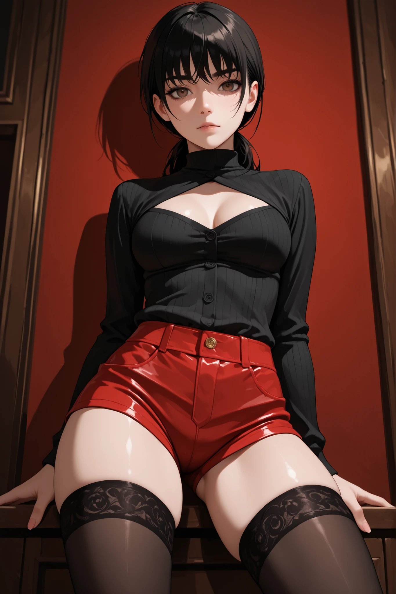 nsfw, Masterpiece, top quality, highly detailed, Beautiful mature girl wearing black frame glasses, long pink hair ponytail with bangs,Black uniform with red trim, red tie and thigh-high black stockings