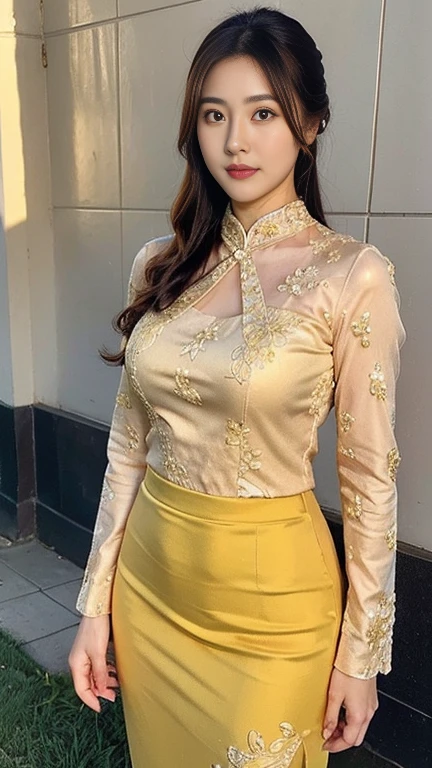 A beautiful girl(TZWK),beautiful eyes,beautiful smile,Photoshooting,acmm ss outfit, wearing acmm top, light yellow acmm top, short sleeves, buttons, wearing acmm long skirt, white and black with printed acmm long skirt, UHD, high resk,realistic details