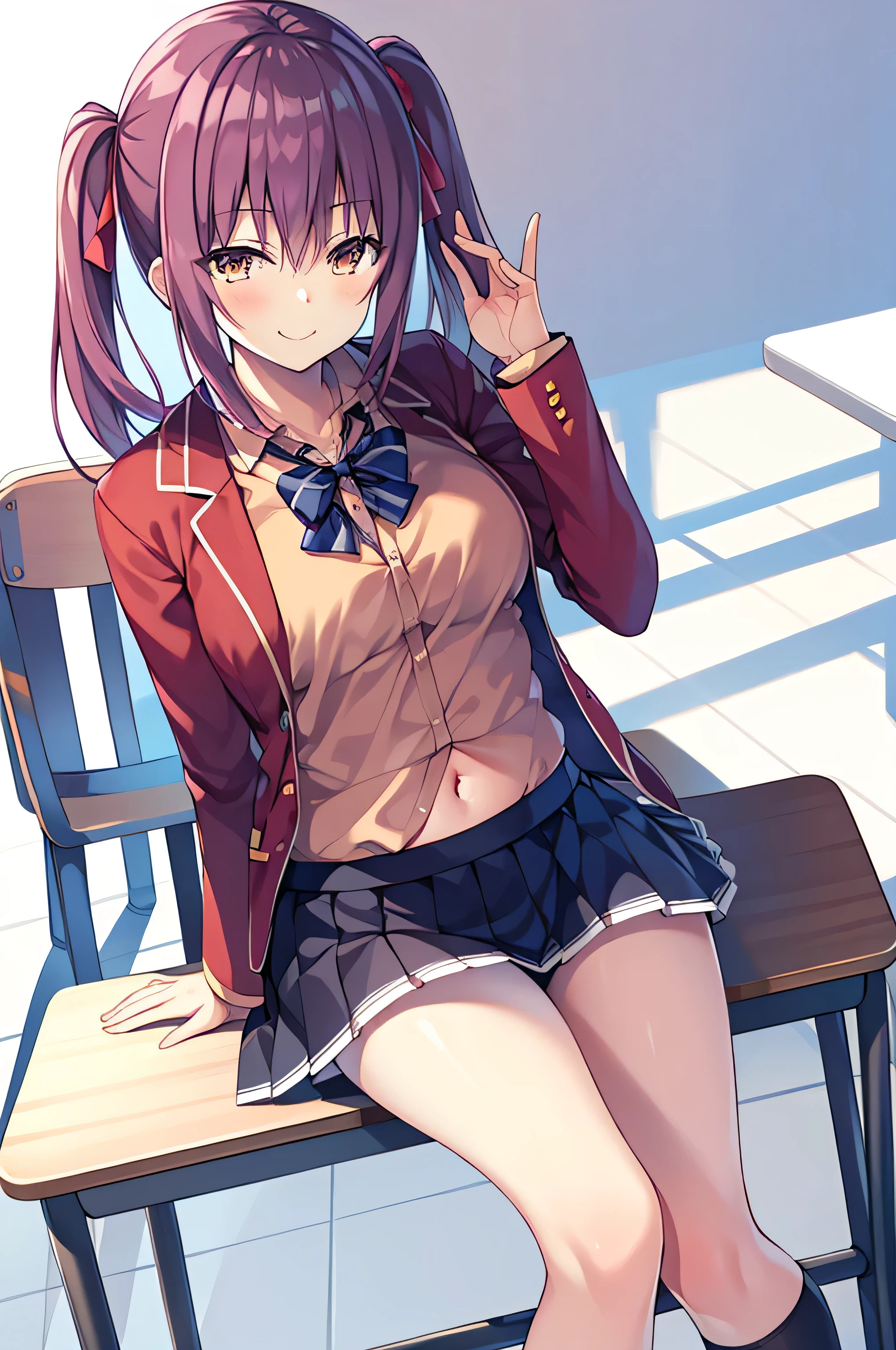 1 girl, underwear, skirt, alone, underwear, Chest, Classroom, shirt, bow, lexistg_hair, white_, skirt_lift, exist室内, Smile, Open_clothing, bowtie, Umbilical cord, Watching_exist_受众, clothing_lift, white_shirt, table, schools_, blush, schools_table, bangs, red_hair, pleexisted_skirt, Blackboard, No_OK, spread_leg, brown_ eyes, jacket, red_bow, Open_shirt, lifted_go through_his own, closure_Mouth, red_bowtie, colla red_shirt, lexistg_sleeve, Side lock, medium_Chest, Dutch_angle, skirt_shirt, Sitting, leave_Shoulder, 大leg, Open_jacket, Stomach, exist_table, Set, flash, chair, black_skirt,
