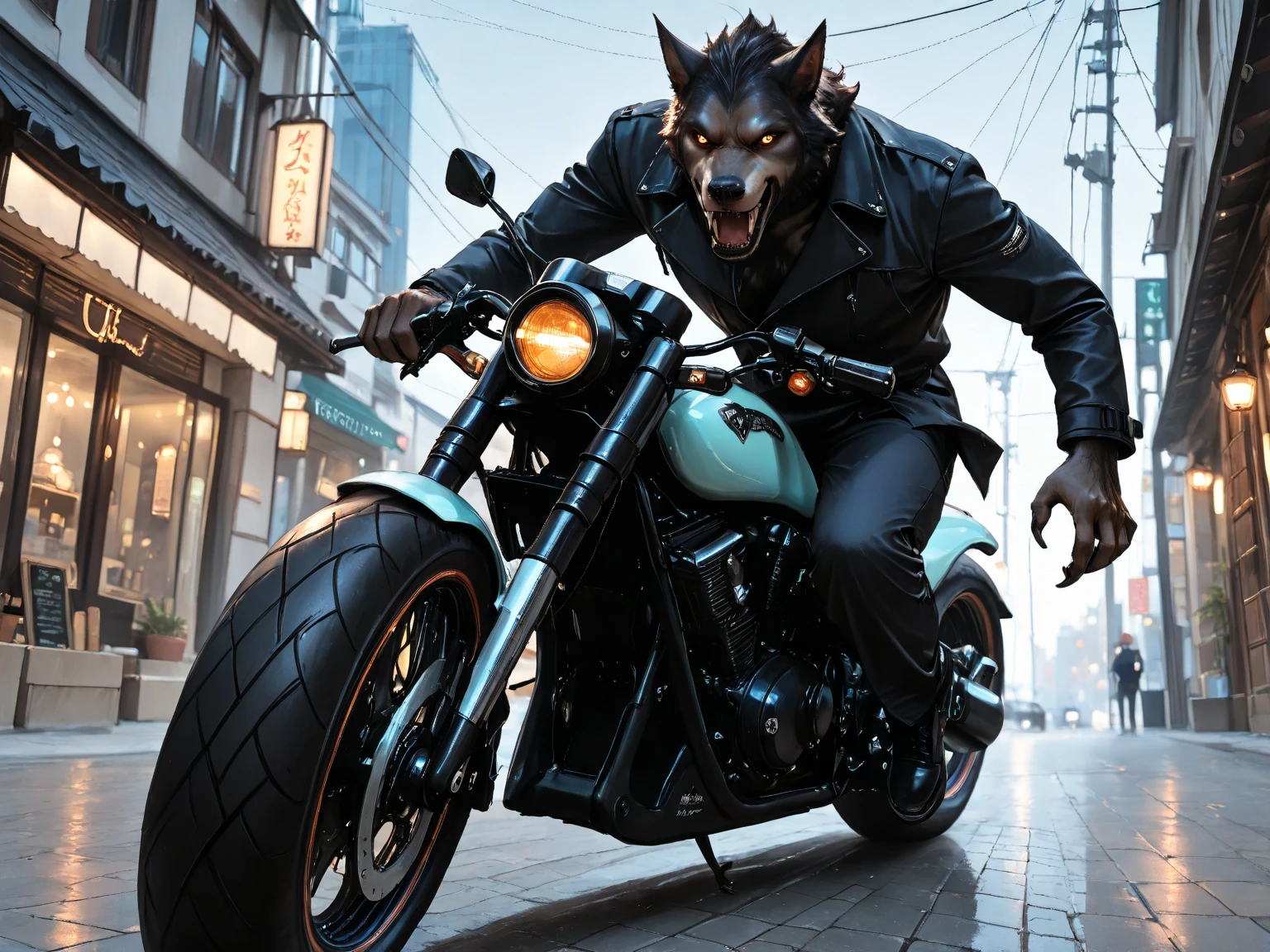 (masterpiece:1.4), (best quality:1.3), (8 k,  ultra-detail , cinematic lighting, perfect anatomy:1.3),  realistic anime style , Full height, werewolf sits on a black Kawasaki cafe-racer bike, motorcycle against the background of a modern luxury building with large black windows, Bright sun, soft shadows,
 his thick dark coat flutters in the wind, he grins showing his fangs,  cinematic angle , small depth of field effect, glare on the motorcycle body, light breeze, Realistic lighting, light camera vibration, smooth panning, dynamic composition, natural shadows, real-time sensation, elegant atmosphere, ultra-realistic detail, rich colors