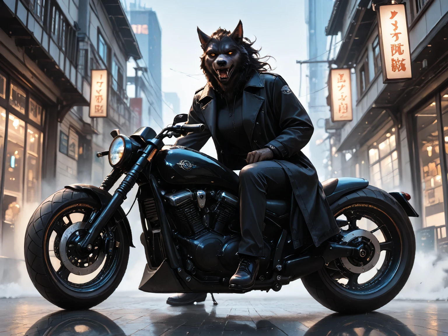 (masterpiece:1.4), (best quality:1.3), (8 k,  ultra-detail , cinematic lighting, perfect anatomy:1.3),  realistic anime style , Full height, werewolf sits on a black Kawasaki cafe-racer bike, motorcycle against the background of a modern luxury building with large black windows, Bright sun, soft shadows,
 his thick dark coat flutters in the wind, he grins showing his fangs,  cinematic angle , small depth of field effect, glare on the motorcycle body, light breeze, Realistic lighting, light camera vibration, smooth panning, dynamic composition, natural shadows, real-time sensation, elegant atmosphere, ultra-realistic detail, rich colors