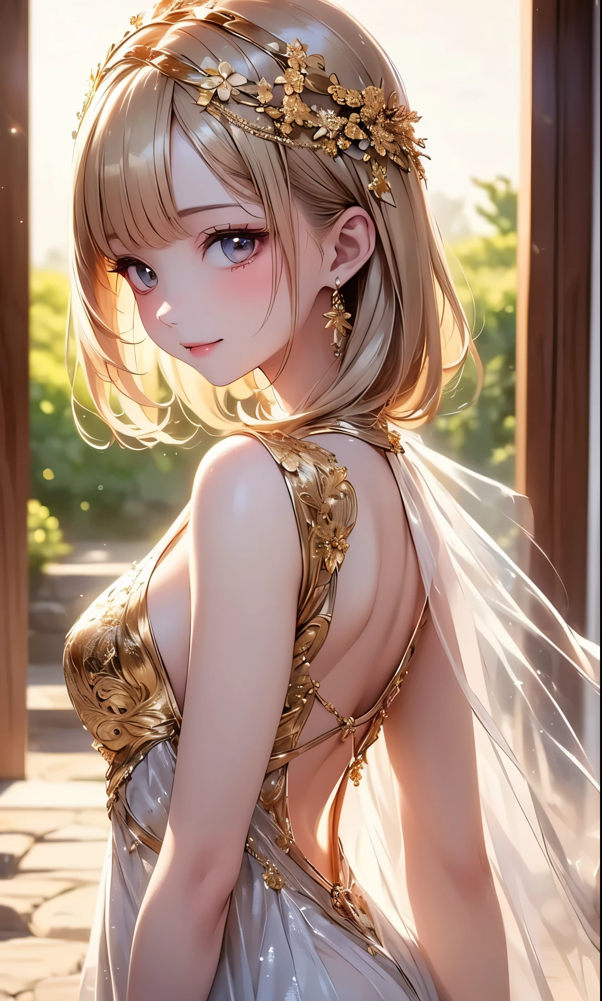 Cute Girl, (ash blond hair), ((very bun hair)), Perfect face, Innocent smile, Upper body,(Cerulean Eyes), (Yan), (Petite), (slender), ((flat chest)), ((16 only)), Skindentation, Extreme Detail, charming oval face, Red lips, Pink, Glossy skin, detailed hairs, Face Focus, Close-up chest, Luxurious hair ornaments, Gold Earrings, ((1 girl)), Embarrassed expression,