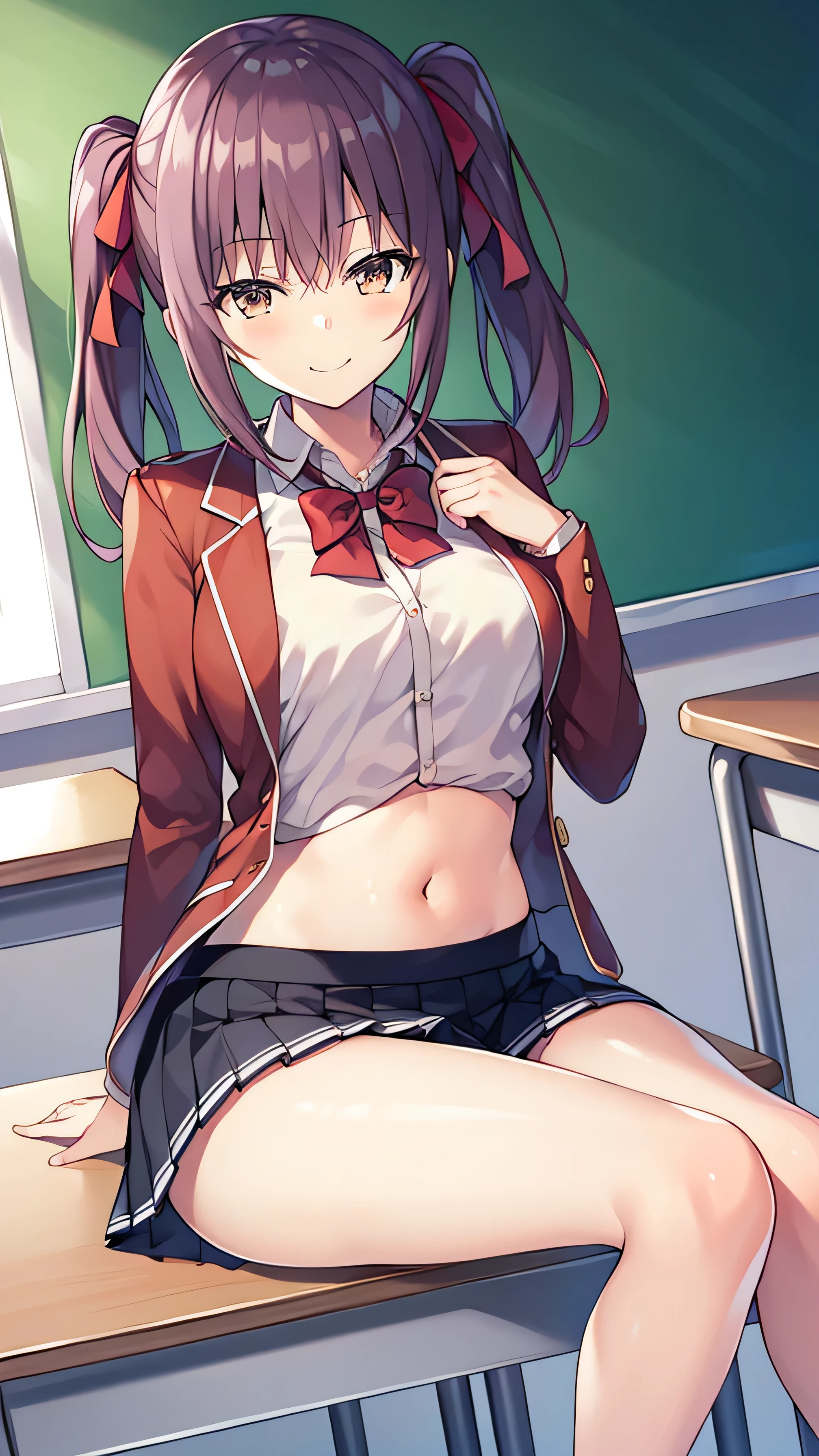 1 girl, underwear, skirt, alone, underwear, Chest, Classroom, shirt, bow, lexistg_hair, white_, skirt_lift, exist室内, Smile, Open_clothing, bowtie, Umbilical cord, Watching_exist_受众, clothing_lift, white_shirt, table, schools_, blush, schools_table, bangs, red_hair, pleexisted_skirt, Blackboard, No_OK, spread_leg, brown_ eyes, jacket, red_bow, Open_shirt, lifted_go through_his own, closure_Mouth, red_bowtie, colla red_shirt, lexistg_sleeve, Side lock, medium_Chest, Dutch_angle, skirt_shirt, Sitting, leave_Shoulder, 大leg, Open_jacket, Stomach, exist_table, Set, flash, chair, black_skirt,
