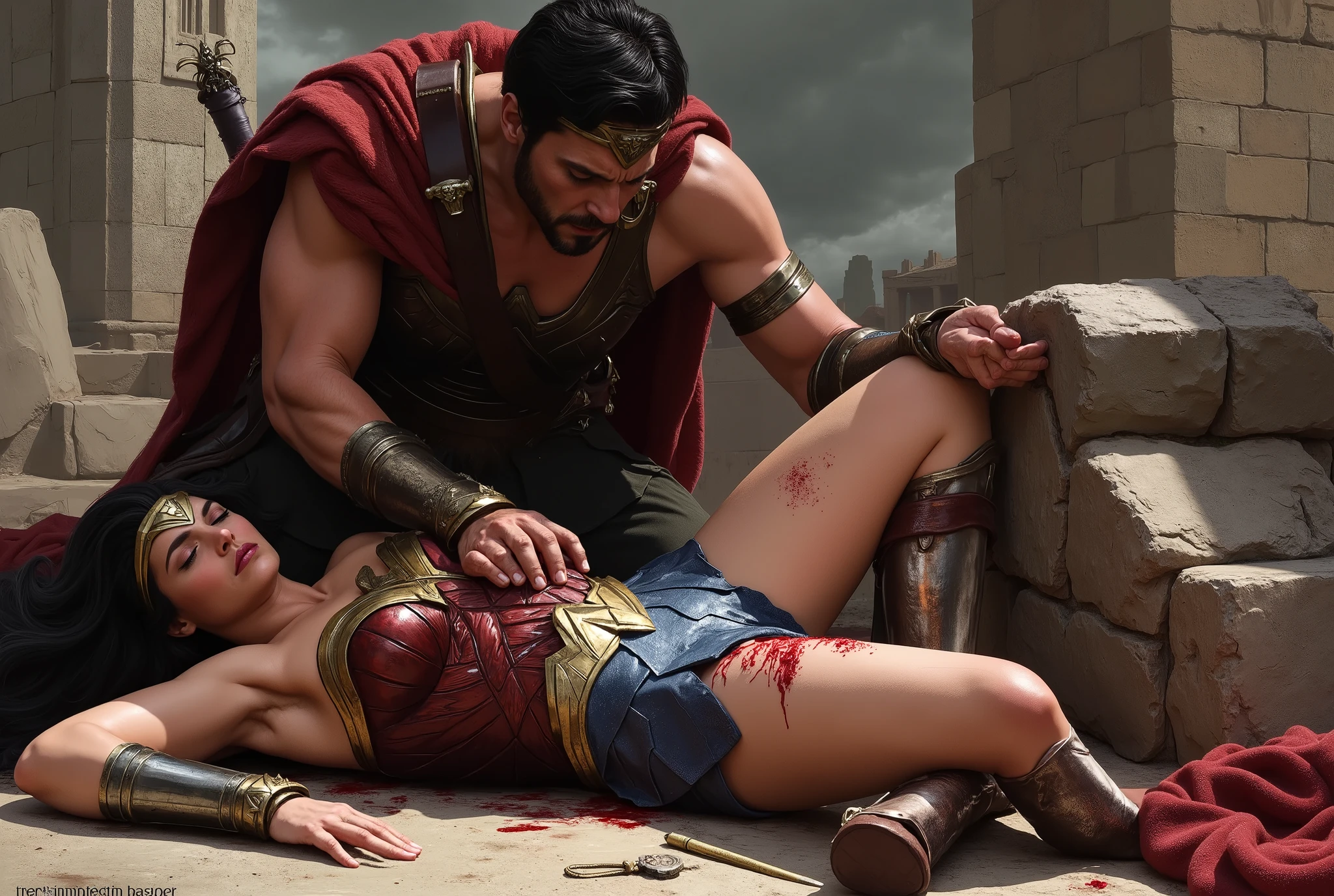 Wonder woman is lying down on an ancient Greek warrior, eyes close, nervous, painful face, bad injury, a stronger ancient Greek warrior is bending over her body, he is holding her body, he touch her leg,
