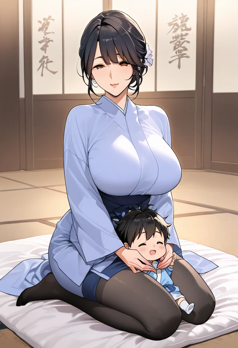 Little mothers、30 years、in an erotic pose with her son、Entwining legs with my son、 son inserts penetration into mom, Bathrobe、Hamateru, gigantic breasts with cleavage, Transparent and panties、sweaty, in white panties、thin、closing eyes、short-cut