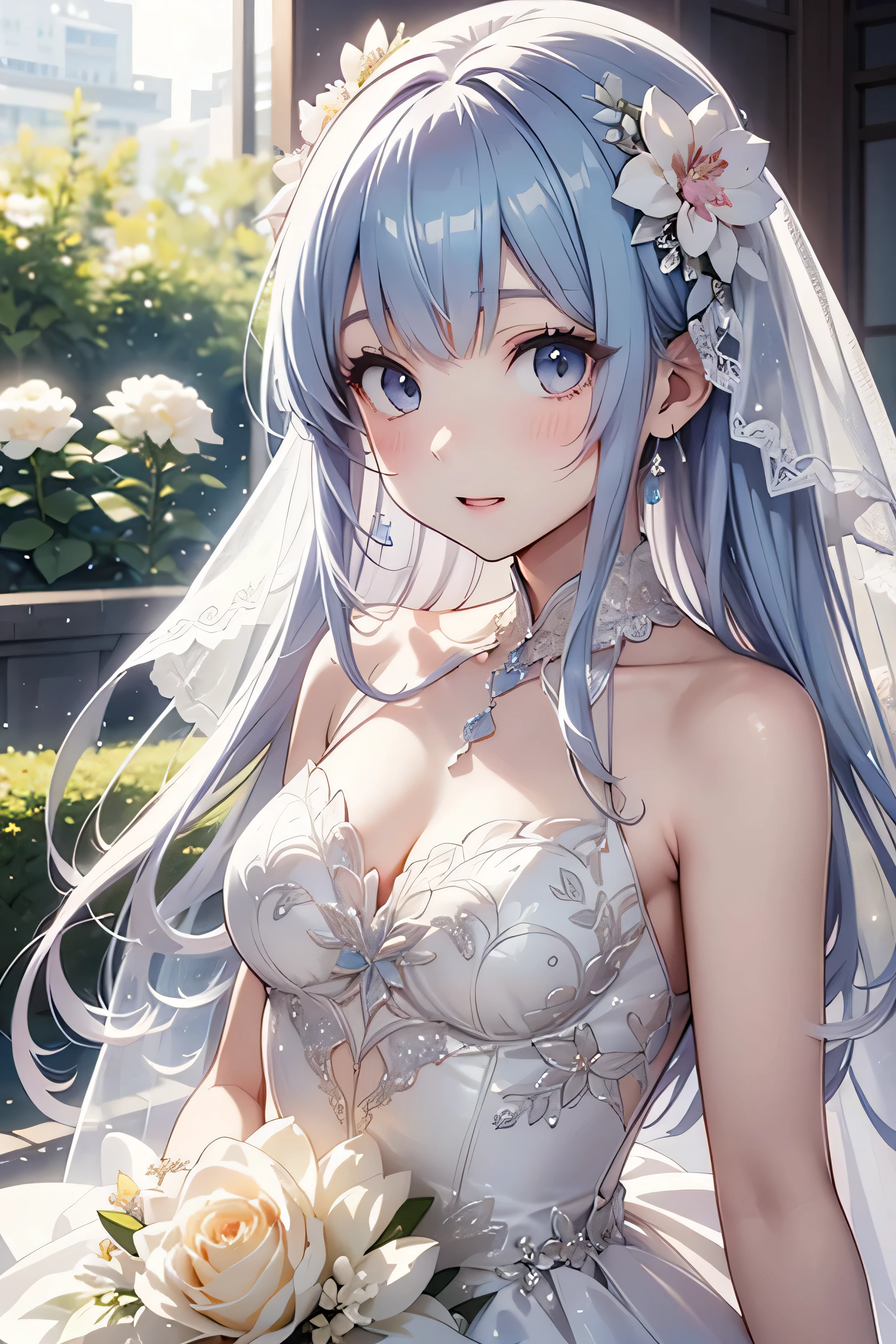 flower飾りをつけたかわいい女の子、illustrations、anime、hair、precise depiction、masterpiece、、beautiful light colored wedding dress、upper body、flower、flower飾り、