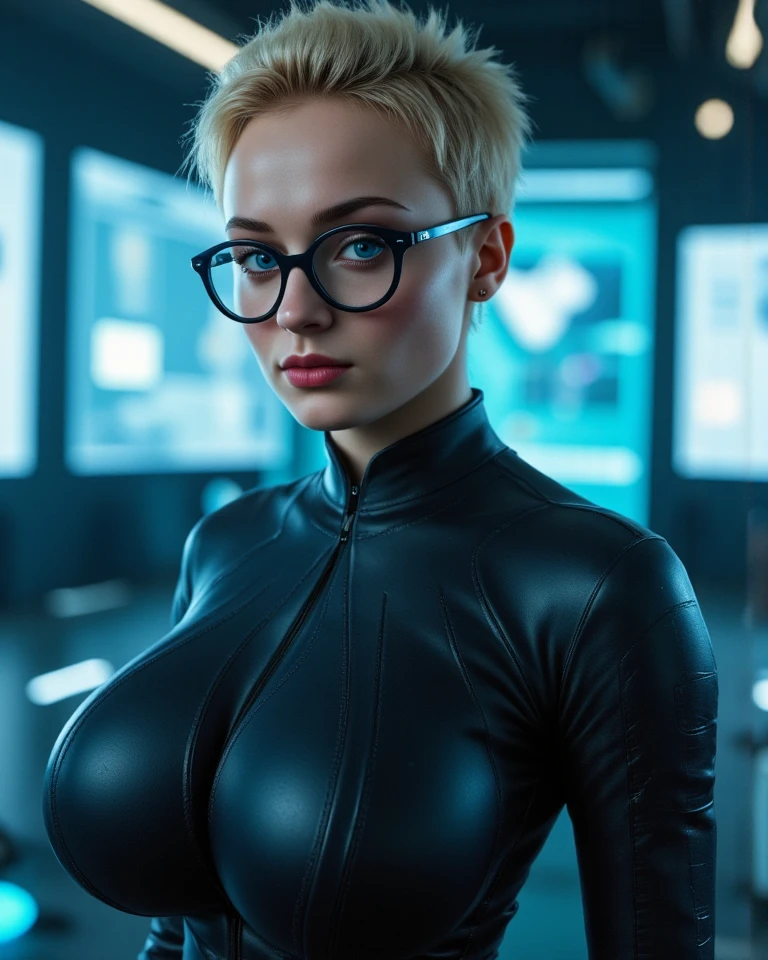 Tia is shown to have a fairly slender figure. She has white-grey hair , she has short hair and large pale green eyes,(masterpiece:1.2, best quality), Kiel-D01, white hair, medium hair, blue suit, monster, serious, looking at viewer, round-framed glasses cleavage exposed, big breasts, superior quality, many details, Puri focus Sharp and realistic
