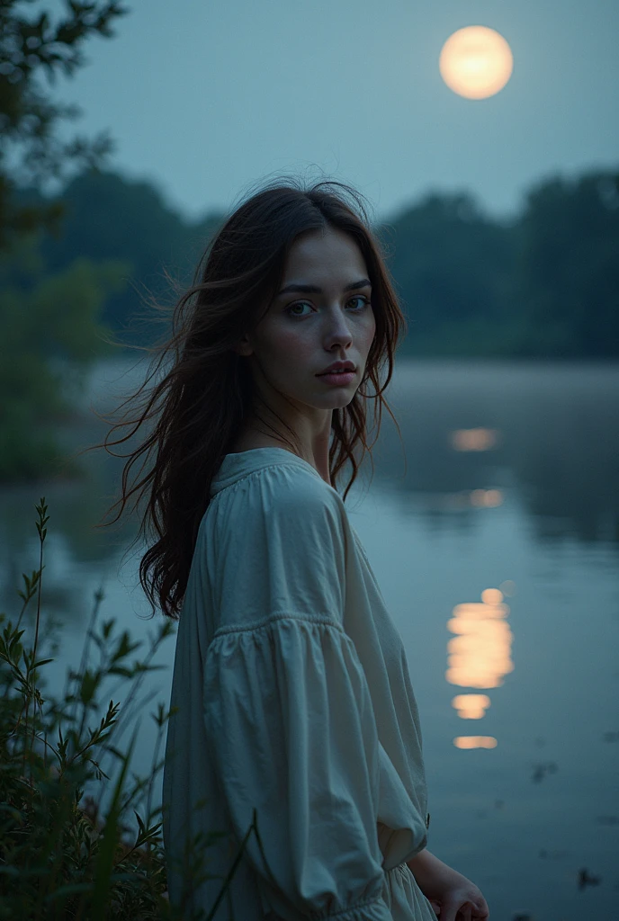 My face is etched with grief, and my voice carries the sorrow of a mother who can never find peace looking straight into camera a young woman in white dress