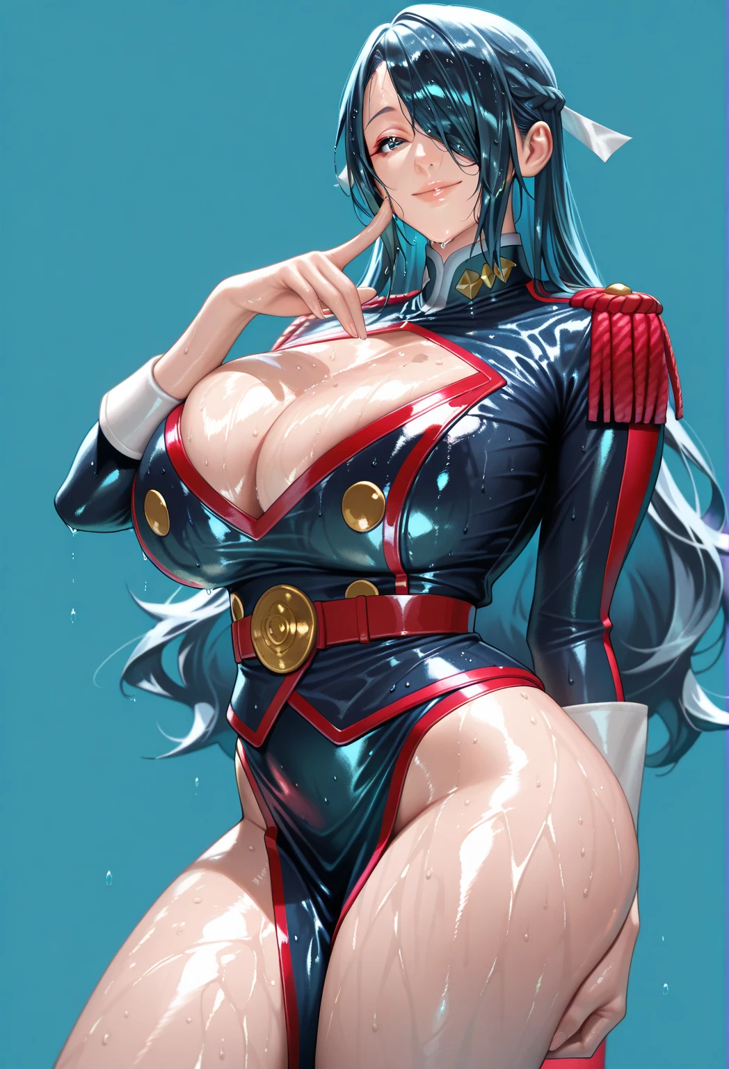 Neck ribbon,Perfect hands, Perfect Fingers,Perfect Anatomy, masterpiece, Highest quality,Anime Style, 16k hdr,One person, Large Breasts,Erect nipples,Blue Hair, Straight Long Hair,Mobile Trace Suit, Shoulder Armor,(Red and blue bodysuit:1.4),Sexy pose, Upper Body, cockpit,From below,Spread your legs
