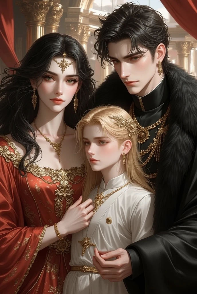 1 man, evil-looking man, dark hair, tanned, ponytail, crowned king, royal, standing with a sword (embroidered on the ground), blood spatter on face, smiling, scary, psychotic, background detail, palace, red throne, blood spatter, corpse, servant bowing, gloomy atmosphere, scary, scary,