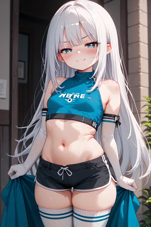 (((masterpiece))), ShizukaMikazuki, One Girl, alone, Looking at the camera, Long Hair, Gray Hair, Long sleeve, Cleavage, Large Breasts, Mature Body,clavicle, Jacket, Open clothes, open Jacket, blue hoodie, Black sports bra,Black hot pants,Choker with charm,Play sports often, Abdominal muscles,bicycle,Clear light blue eyes, Blushing,Navy blue ribbon,smile,Hoop Earrings,Golden navel piercing,Park at dusk, “Enhance the appearance of the chest