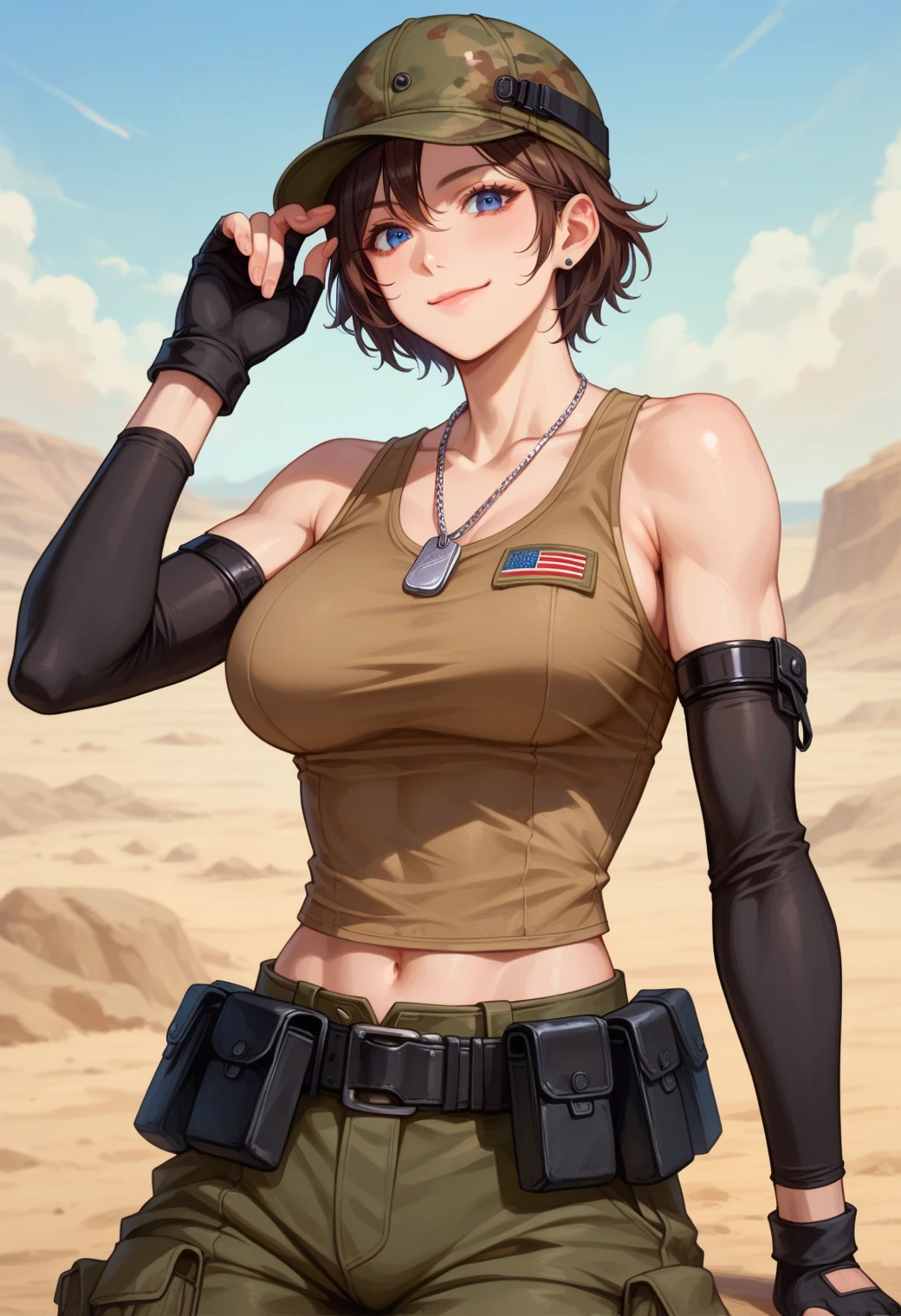 Muscular Woman, defined body,Black tank top, Green long army pants, Brown military boots, Wicked Smile, Orange spiky hair, short hair, Yellow Eyes, Big Mountain々Desert landscape with clouds,