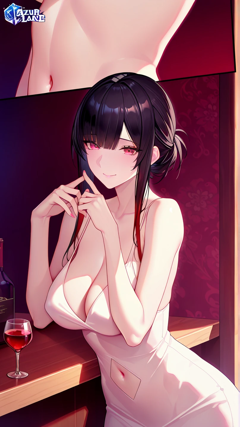 Adult female, milf, busty, hidden hourglass figure, sexy red dress, messy and long black hair, golden yellow irises, defined black pupils, passionate, blushing, casino, drinking wine at bar, sitting at bar, night, perfect eyes, highly detailed, best detail, high quality