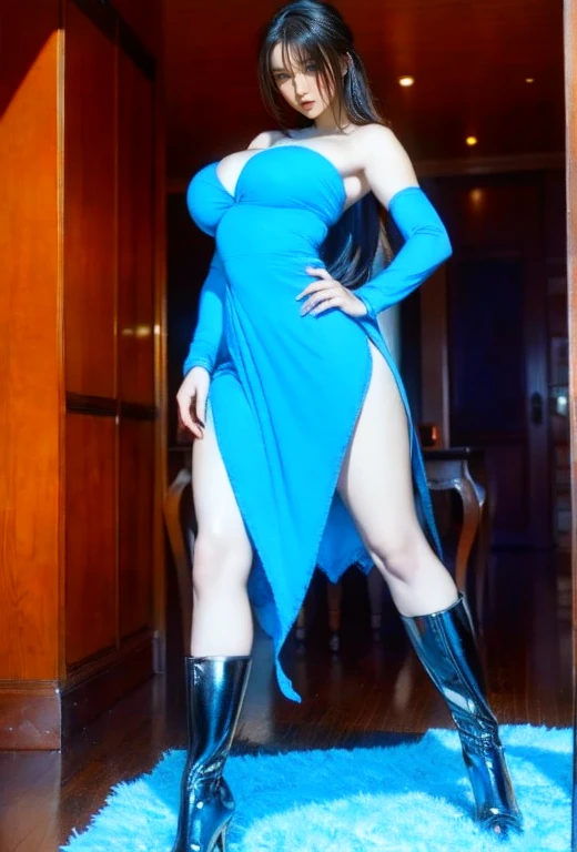 Full body, realistic, 8k, best quality, masterpiece, (1 beautiful woman, solo: 1.1), very big breasts, blue hair, blue dress, blue elbow gloves, blue high heel boots