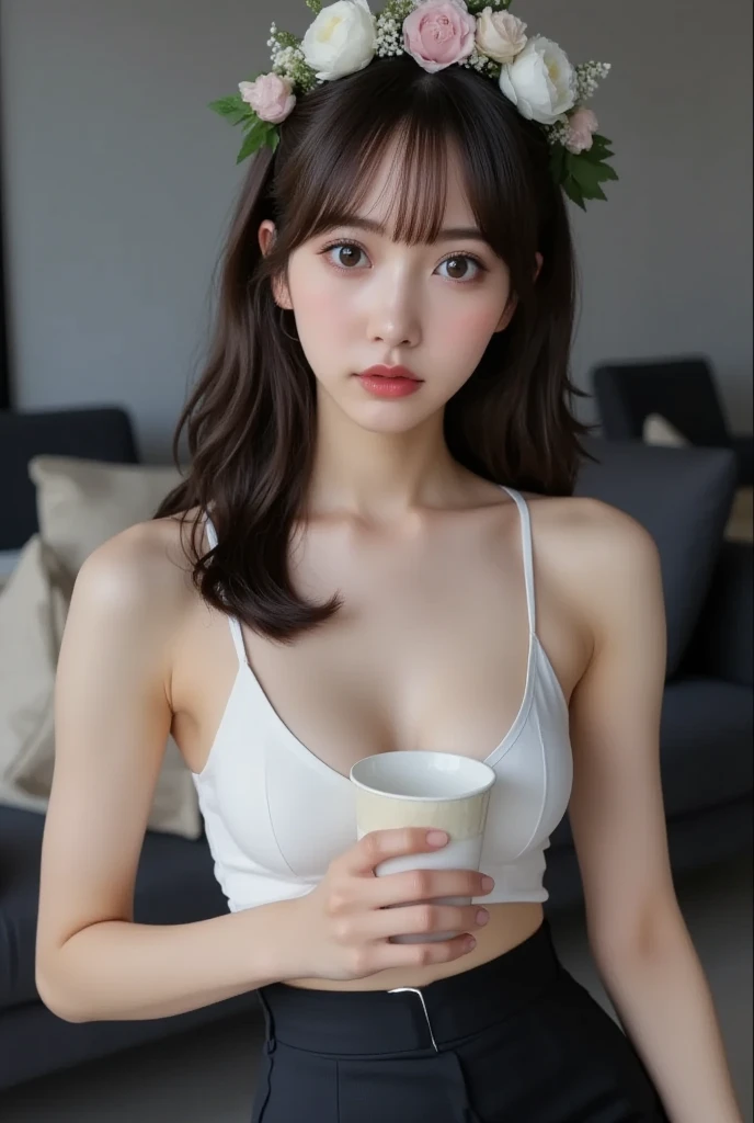 An innocent and cute eight-year-old girl with double ponytails, american girl, girl smiling, style, bra, panties, mini vestido de gala ajustado, stockings white, embellished with animal hangings. sentada, mini vestido de gala ajustado corto, con un bolso negro, office, top, Look into the camera,