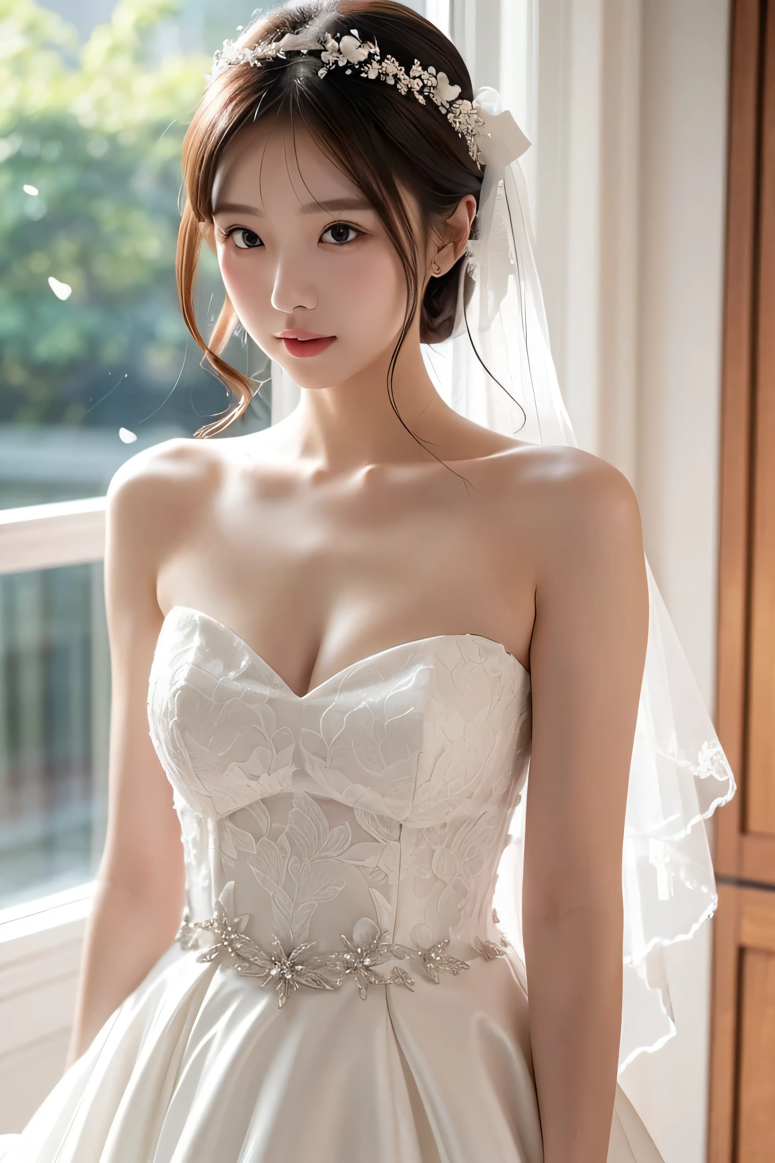 Tabletop, highest quality, shape, Very detailed, In detail, High resolution, 8k wallpaper, Perfect dynamic composition, Beautiful details, White Wedding Dress,Medium Hair, Center of chest,Natural color lip,Random,smile,Chapel,20-year-old girl