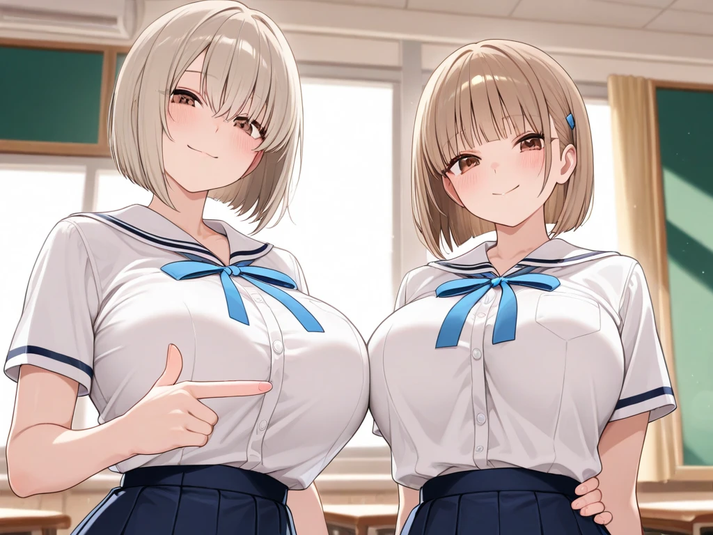 2girls, nishikigi chisato, inoue takina, lycoris recoil, couple, perfect anatomy, symmetry, huge breasts, navyblue buruma, fullback buruma, gym uniform, white t-shirts, thighhighs, looking at viewer, shy, blush, masterpiece, best quality, very aesthetic, absurdres, anime,