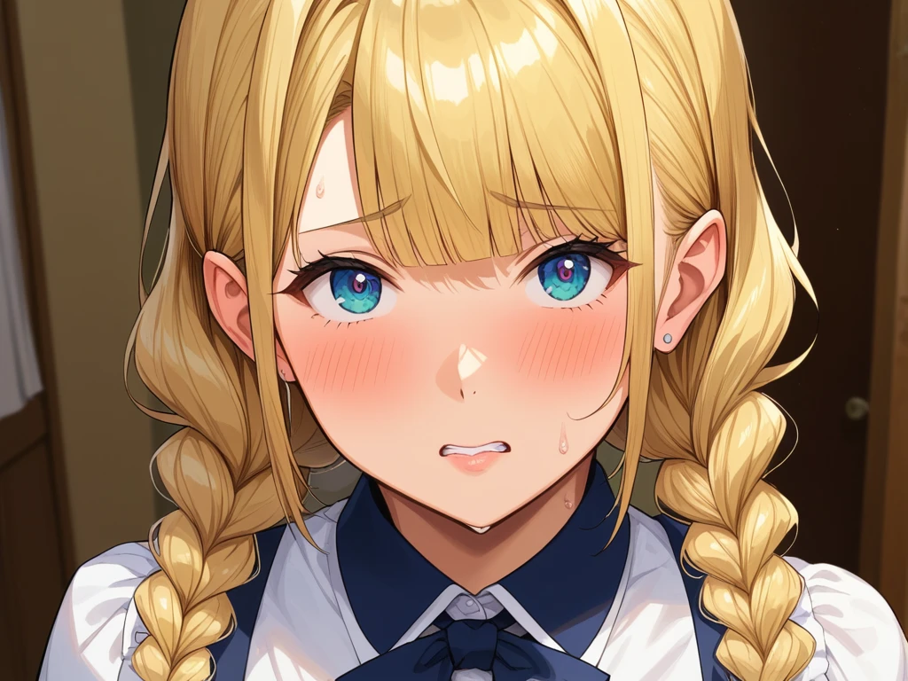 score_9, score_8_up, score_7_up, score_6_up, source anime, score_4, score_5, 1girl, blonde hair, woman, medieval housewife, looking at viewer, blue eyes, white blouse, brown corset, braid, flower necklace, close-up, portrait, looking up, from above, open mouth, drooling, oral invitation, saliva, sweat, tongue, tongue out, naughty face, blush, attack on titan, annie leonhart, bruisedz wounded, injured, bleeding, severe wounds, cut flesh, injured flesh, , , elementary schooler, 9 year old, extremely young, very young