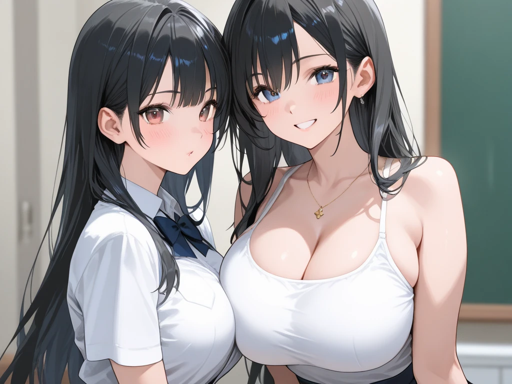 pov, paizuri, 3girls,, , , , paizuri, penis between the breasts, breasts squeezed together, cooperative paizuri, room, window, sweat, nipples, naked, naughty, assisted, blunt bangs, forehead, arms up, grabbed behind, profile