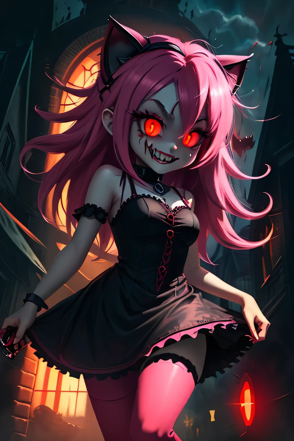 a cartoon cat girl pink hair in a white dress standing in front of a building, white fariytale, with red glowing eyes, dark demonic dancer, dark ballerina, demon girl, with glowing red eyes, demon anime girl, gothic city streets behind her, gapmoe yandere grimdark, sinister pose, evil smile and glowing eyes, eerie and grim art style, vampire girl