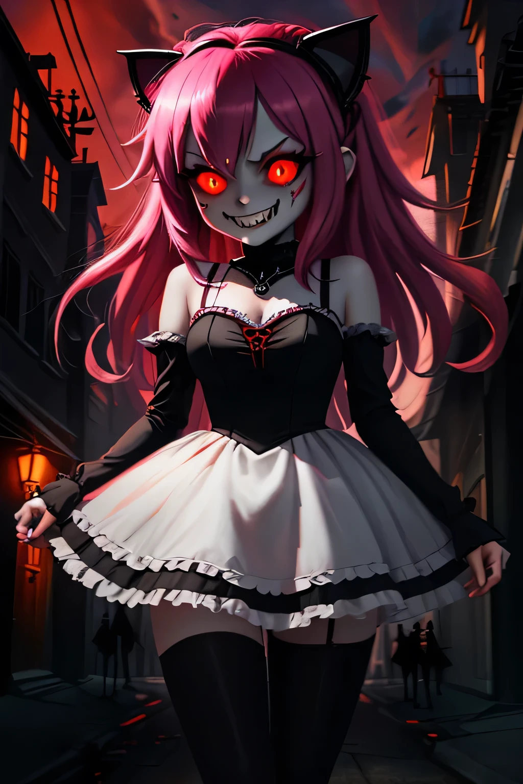 a cartoon cat girl pink hair in a white dress standing in front of a building, white fariytale, with red glowing eyes, dark demonic dancer, dark ballerina, demon girl, with glowing red eyes, demon anime girl, gothic city streets behind her, gapmoe yandere grimdark, sinister pose, evil smile and glowing eyes, eerie and grim art style, vampire girl
