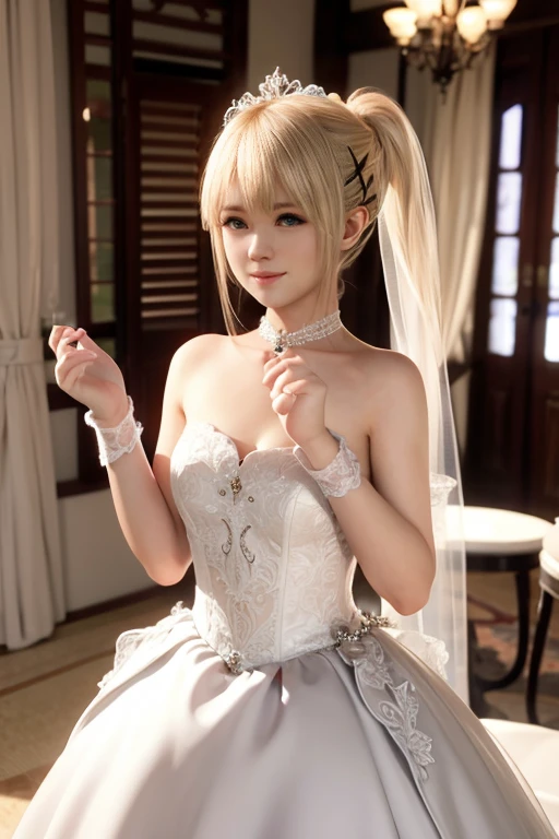 (High resolution CG Unity 16K wallpaper)、(masterpiece),(highest quality),(best details),(best illustrations),(best shadow),(realism:1.5)、realistic human skin、(super detailed),+++(((1 Japanese ,solo:1.5)))+++ ,(Beautiful platinum blonde chignon hairstyle:1.5)、(shiny platinum blonde hair:1.5)、(beautiful and detailed face)、(beautiful and fine eyes,clear amber eyeasterpiece:1.4,highest quality))、((masterpiece,highest quality))、(photo-realistic:1.4)、(japanese idol,japanese actress:1.5)、(perfect anatomy,correct anatomy,perfect proportions,perfect face,perfect hands,perfect legs,perfect fingers,perfect hands,perfect mouth,perfect lips,small face:1.5)、(happy smile:1.4)、(highly detailed eyes and face),(incredibly beautiful face,very cute)、(Big eyes)、 (Impossibly Tiny Waist:1.5),(Incredibly large breasts, perfectly soft:1.5)、(realistic background,Blue sky seen from below,Sun from below,flower garden:1.5),(a large crowd gathers:1.5)、(1 Japan gal in voluminous full-length desired skirt and gorgeous wedding dress:1.5),((Very gorgeous and snow-white wedding dress with a voluminous full-length desired skirt:1.5))、(gorgeous embroidery and lace),gorgeous corsage,See-through,(Very gorgeous Lolita hair accessory)),A gorgeous jeweled tiara with a sparkling look,(desired skirt,crinoline)、