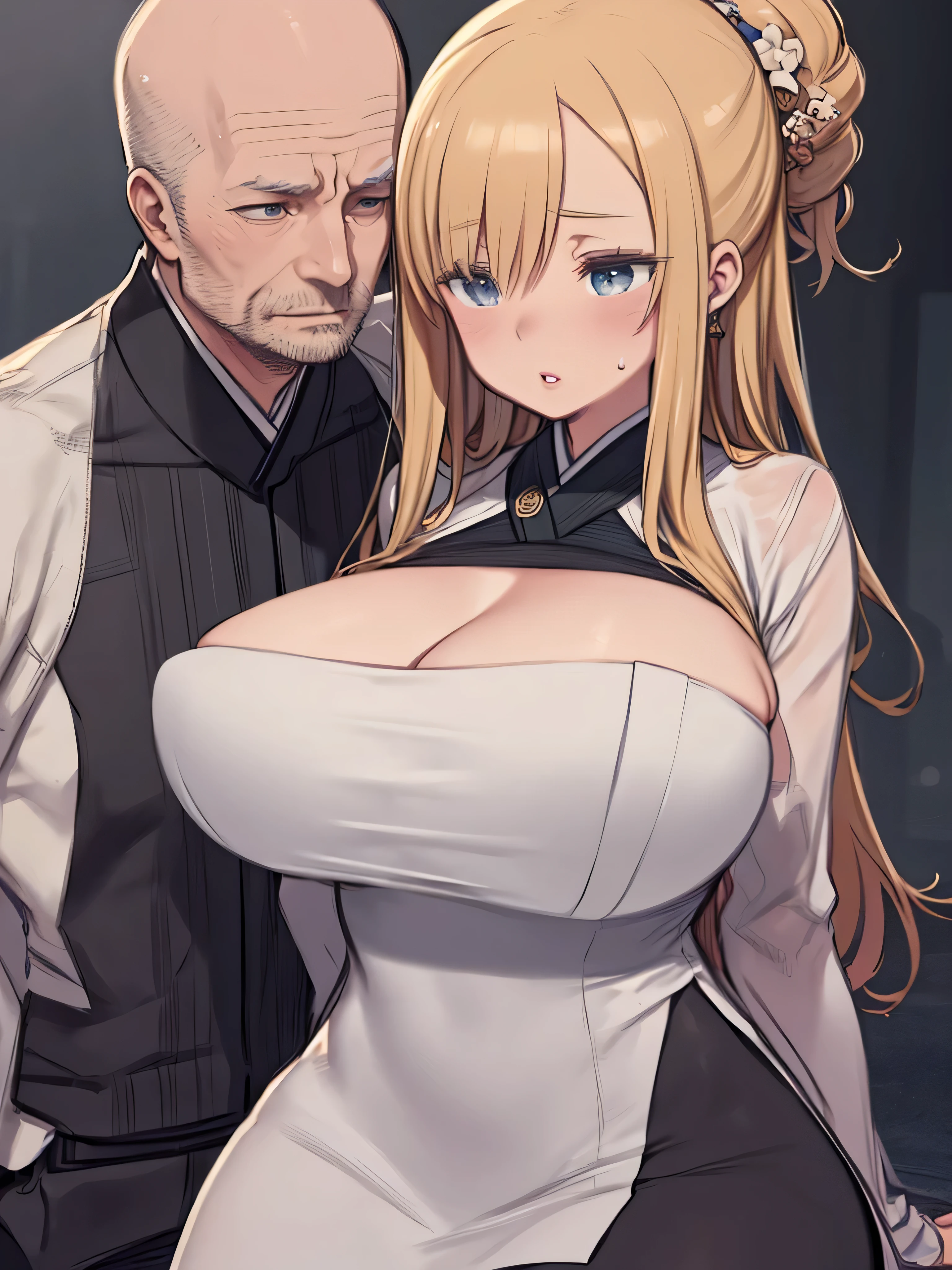 (1 old Man, Grab someone else's breasts, grabbing from behind, to the touch, straight, inserts a penis into a girl:1.2), Best qualThisy, a high resolution, 1 girl, Just focus, (huge breasts:1.2), This'it's in him, a gift, WhThise shirt, blue skirt, blue pants, blush, embarrassed, (from below:1.2)