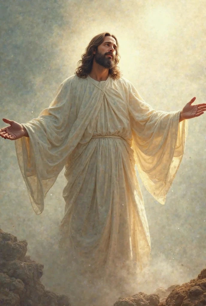 Jesus Cristo voando sobre as nuvens passando por Deus e seus anjos com armaduras Angelicais