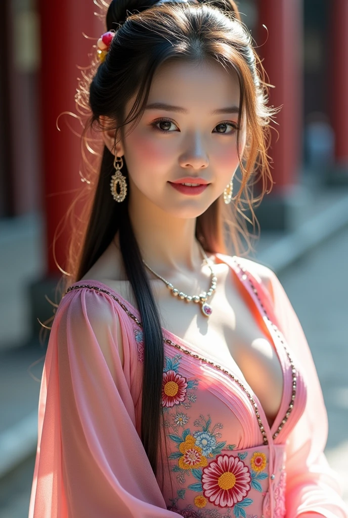 Fashion model 18 years old [[[[closeup cleavage]]]], [[[[boobgasm]]]], [[[[coll]]]], [[[[bshoulders]]]], perfect  eyes, Perfect iris，Perfect lips，perfect teeth，Perfect skin，Long face，Soft front light，hdr，Movie girl，Long black hair，Pink period costume，exterior，Behind him are green leaves and flowers，（pastel colour：1.2）