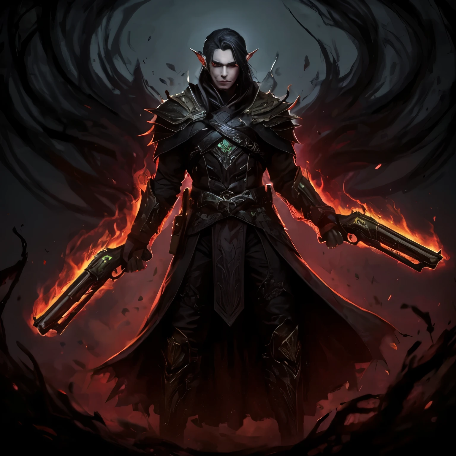 High resolution , masterpiece , high quality, super detailed , Elven eyes, Elfo man, eyes, man, long hair , white hair, aesthetic, purple eyes, red eyes , bright pupils , irritated, caçador sombrio, gunslinger com duas pistolas amaldiçoadas, arma de fogo, aura sombria nas pistolas, escritas élficas nas pistolas, o foco é as pistolas. aura mágica sombria, aura sombria, darkfantasy, cenário shadowfell, perseguidor da escuridão, armadura média com detalhes elficos, escrita amaldiçoada. High resolution , masterpiece , high quality, super detailed