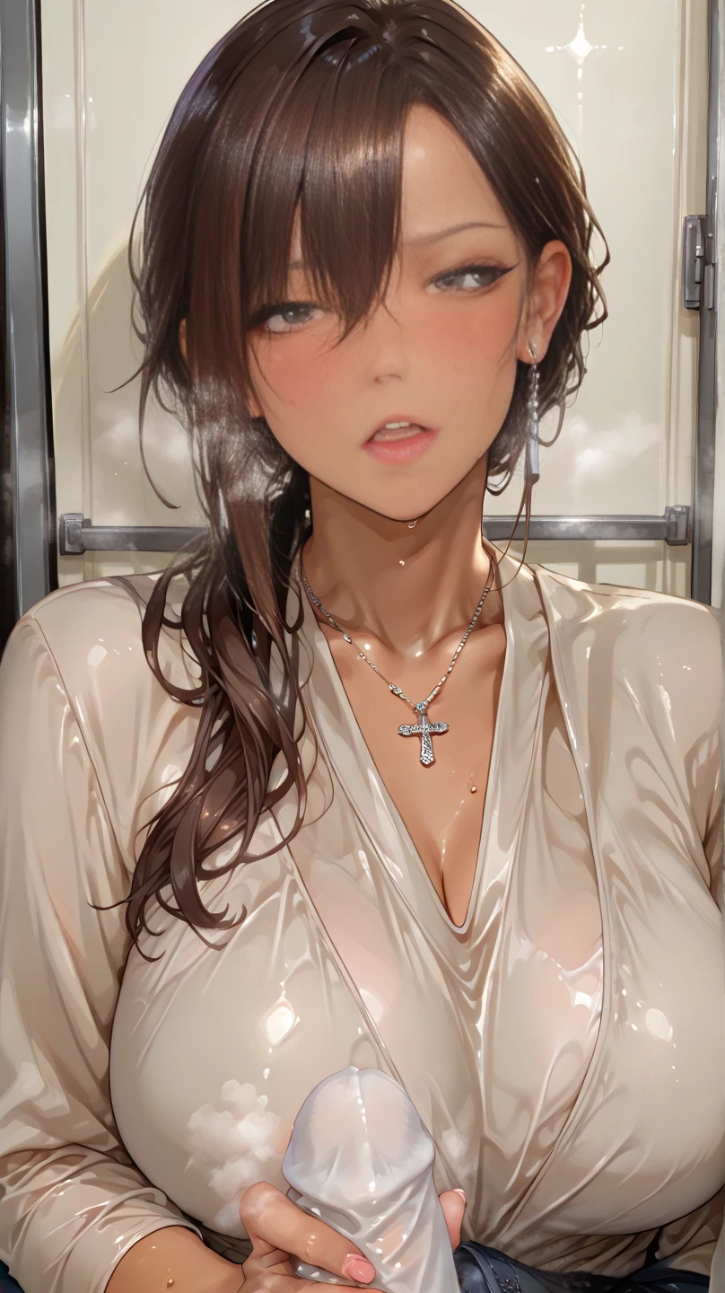 (Realistic:1.5, 16K, Highest quality, masterpiece, Ultra-high resolution), Perfect dynamic composition:1.2, (Love hotel bathroom), (Expressions of sadness:0.9), (Squat with your knees bent:0.9), Highly detailed skin and facial textures, Incredibly slim body, Fair skin:1.2, Sexy beauty, Very beautiful face:1.2, Water droplets on the skin, Body wet in the shower, Wet body:1.2, Wet Hair:1.3, (short hair), (Neat bangs:1.5), (Shapely large breasts, Chest gap), ((Full nudity)), ((Fallen clothes:1.5)), ((Exposed breasts)), ((Thin and beautiful pubic hair)), (Big eyes that exude beautiful eroticism:0.8, Lips that exude beautiful eroticism:0.8), necklace, Earrings, bracelet, wedding ring,