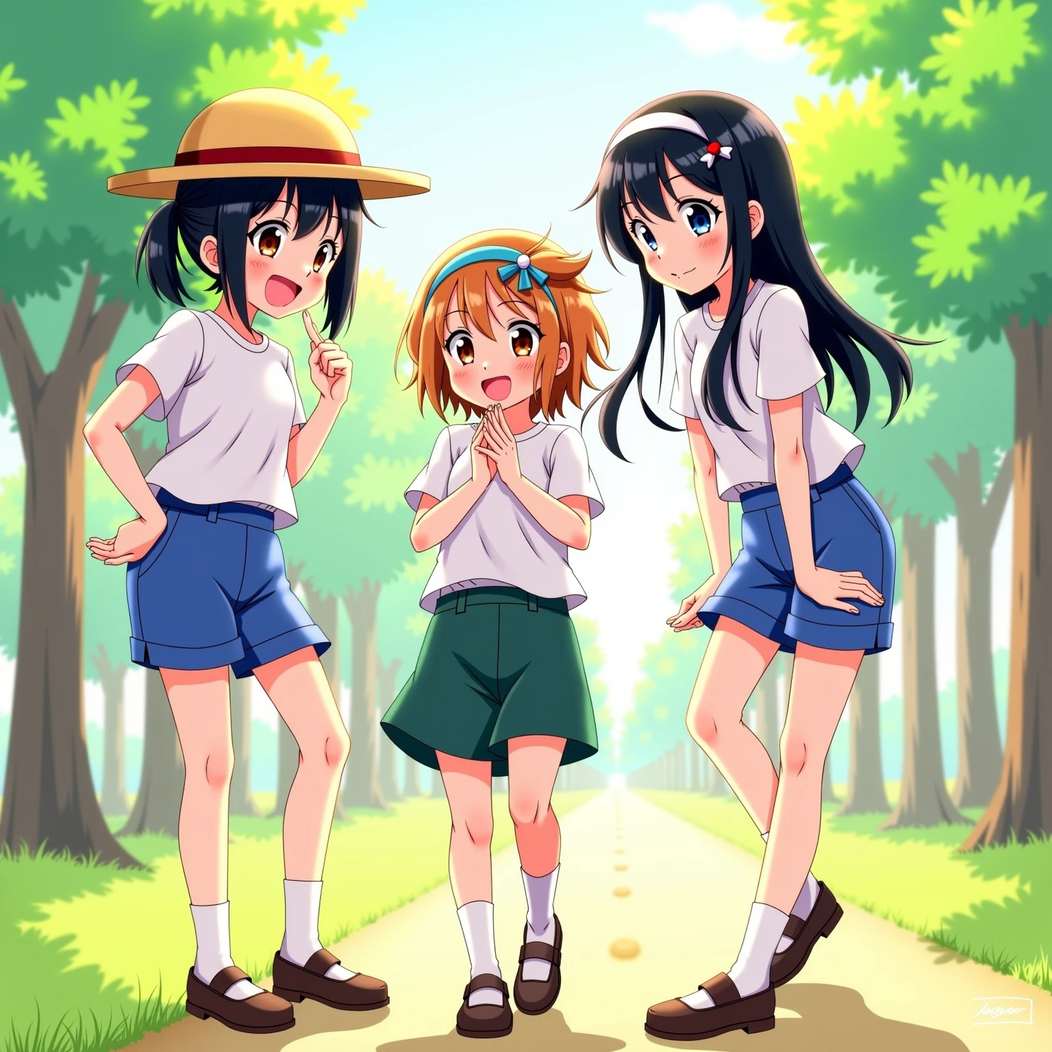 highest quality, ultra high resolution, (realistic: )2D official style cel animation,((Three girls with Yotsuba sit side by side.))mini skirt,summer shirt,(pink panties),loose socks,sneakers,full body portrait,(from below),station stairs,Sunny,embarrassing,