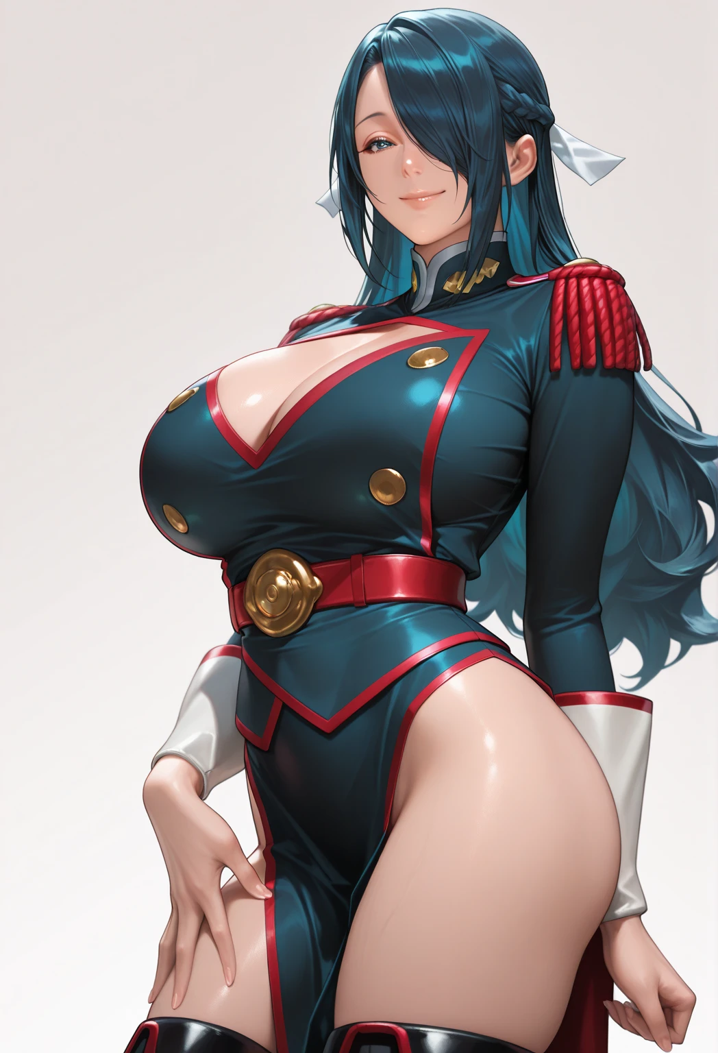a close up of a woman in a uniform posing for a picture, marin kitagawa fanart, biomechanical oppai, extremely detailed artgerm, lucina from fire emblem, oppai, krenz cushart and artgerm, portrait knights of zodiac girl, high detailed official artwork, cushart krenz, pixiv 3dcg
