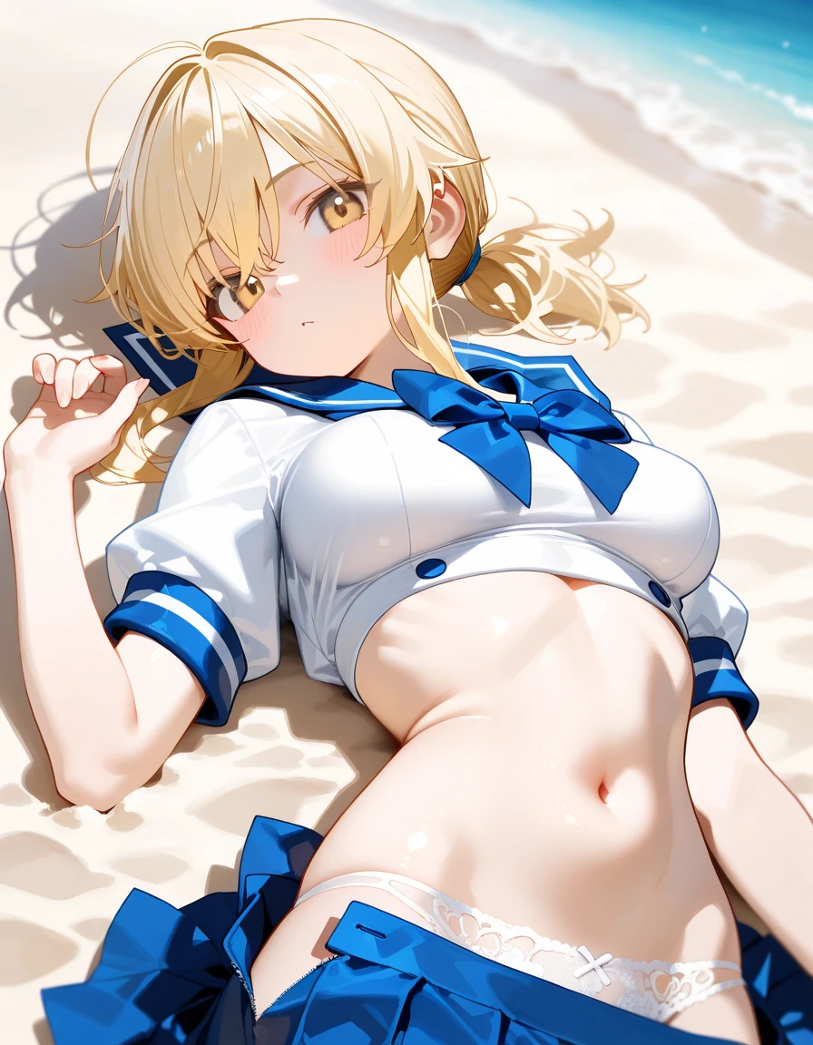 highest quality、High resolution、detailed background、cute hairstyle、cute ponytail、sexual uniform、sexy sailor suit、pleated mini skirt、on the bed、pantiesショット、stripe々panties、((emphasize the underboob、I see a modest expression、camel toe、not wearing underwear、((He glares at me as he takes off his clothes..、take off one&#39;s clothes in disgust))、well tanned、Sunburn marks on a tanned swimsuit、The gesture of being concerned about sunburn marks on swimsuits