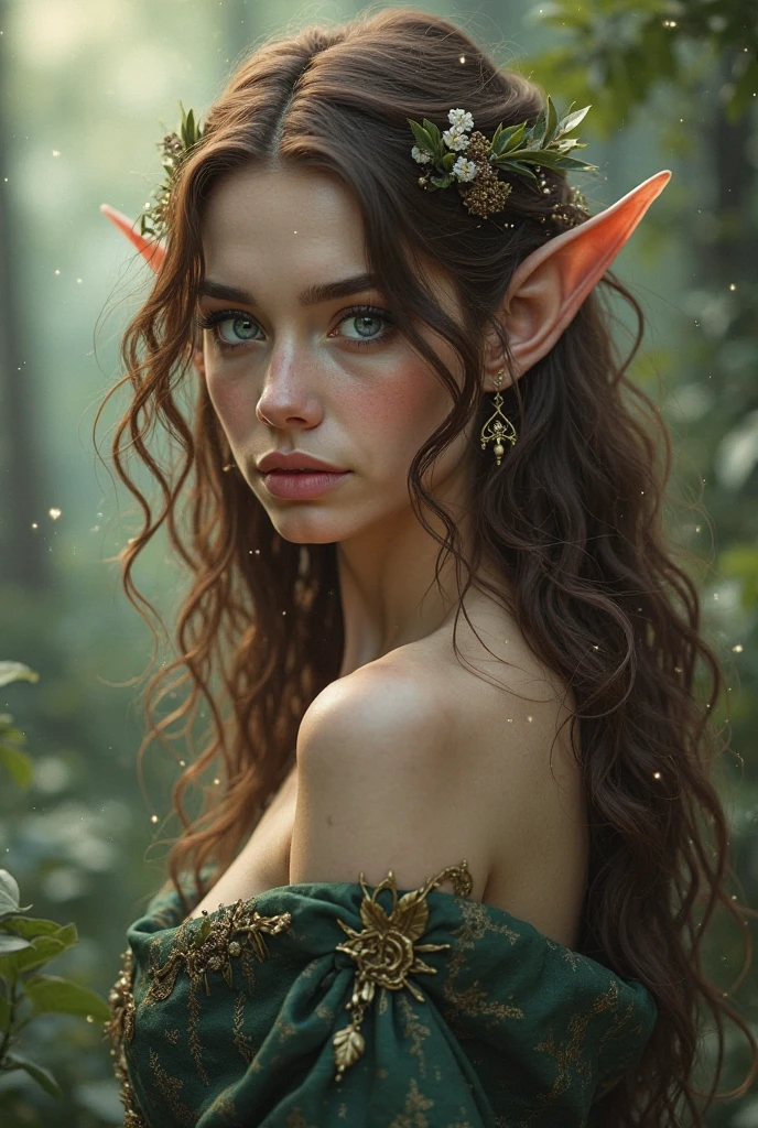 A mature elf lying in the foliage, with big red wavy hair, wearing transparent silk clothes, plump figure, delicate facial features, beautiful detailed eyes, beautiful detailed lips, extremely detailed face, long eyelashes, (best quality, 4k, 8k, highres, masterpiece:1.2), ultra-detailed, (realistic, photorealistic, photo-realistic:1.37), Nordic woman, approximately 18 years old, surreal, ethereal, dramatic lighting, detailed foliage, intricate details, vivid colors, fantasy, cinematic
