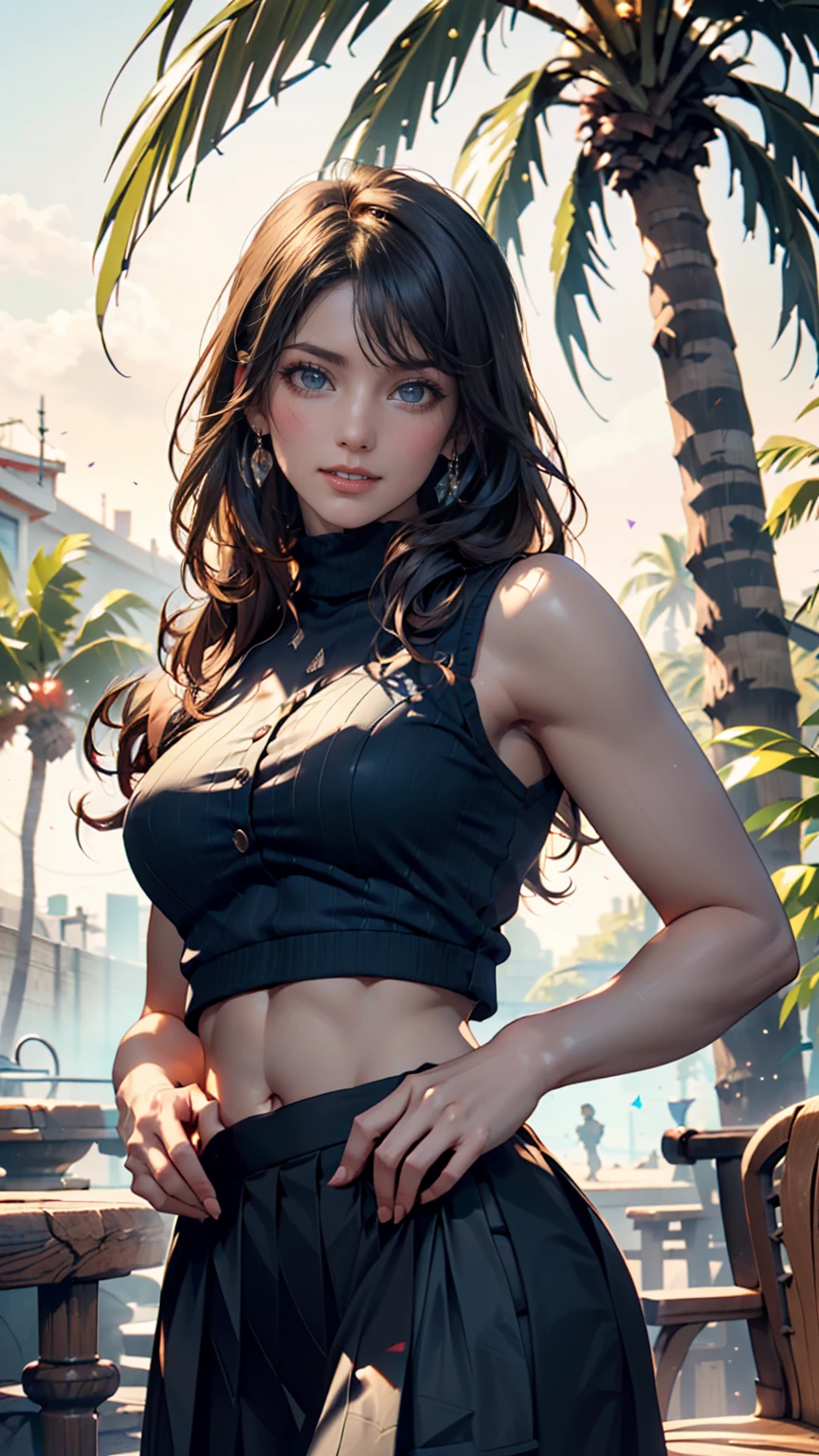 mj, RTX, 4k, HDR, watercolor, portrait, Come Back to Bed, best quality, insanely detailed cinematic lighting, atmospheric intricate high resolution HDR RTX, 1girl,a beautiful fashion model ,(masterpiece, detailed background, best quality), elegant makeup, hoop earrings, seductive smile, oral invitation, ear blush, full blush, 8k, super detail, ccurate, best quality, award winning, best quality, 1080P, 4K, textured skin, slutty outfit, abs, ((tan skin, shiny skin)), akali, long black hair, long ponytail, hair between eyes, blue eyes, girl wearing bikini top and shorts, visible thong straps slender, athletic, slim, abs, hair between eyes