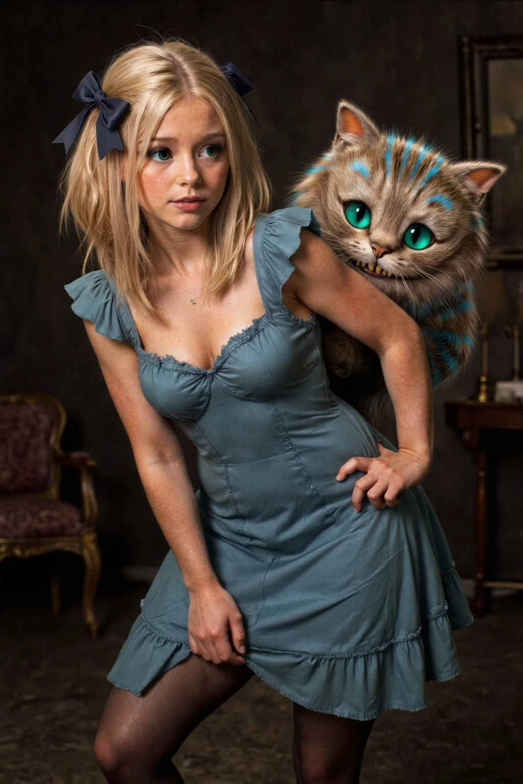 Cinematographic still featuring a 18yo girl, her hands holding a lovely-cat, depth of field, blonde curvy-girl(with a large bust, and big eyes, very pale skin, bold pink-lips, long hair(combed back), perfect fit legs)hourglass figure. Blonde curvy girl, wearing a revealing tight lace-outfit(with intricate floral-patterns, and a ribbon blue-bow tie, gold details)that accents her large breasts and highlights her waist. her hands holding a lovely-cat: As asymmetric pose, sitting on a bench(with a cat, surrounded by greenery lush plants). The scene is captured on a faded film reminiscent of a 70mm(photo from decades past). The colors are desaturated(emphasizing the gloom). The overall effect is akin to the Kodachrome slides of yesteryears, with a touch of Lomography’s(capturing a moment frozen in time). The scene is dark, with harsh lighting and a blurred bokeh background. In a desaturated Chocolate-Brown/desaturated Turquoise, and accents in gold colors palette theme. her hands Holding a cat. ((CLOSE UP SHOT))