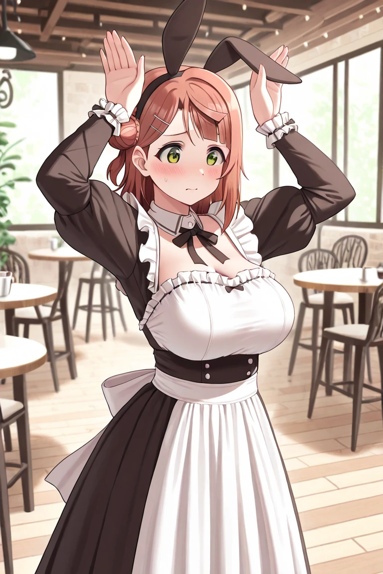 anime, beautiful face, highly detailed face, detailed perfect eyes, perfect hair, perfect lips, accurate arms, accurate hands, perfect legs, accurate footware. highly detailed background, front lighting, perfect lighting, full body, 1girl, solo, ruby hoshino, ruby, oshi no ko, heels, blonde hair, thighhighs, stockings, absurdres, high res, ultrasharp, 8K, masterpiece, looking at viewer, in a maid cafe, restaurant (sexy pose:1.1), (full body:1.3), waitress, love heart pose, making a love heart with hands, maid, maid outfit, cute maid outfit, cleavage, stockings, full of delight, smiling full of compassion, blushed