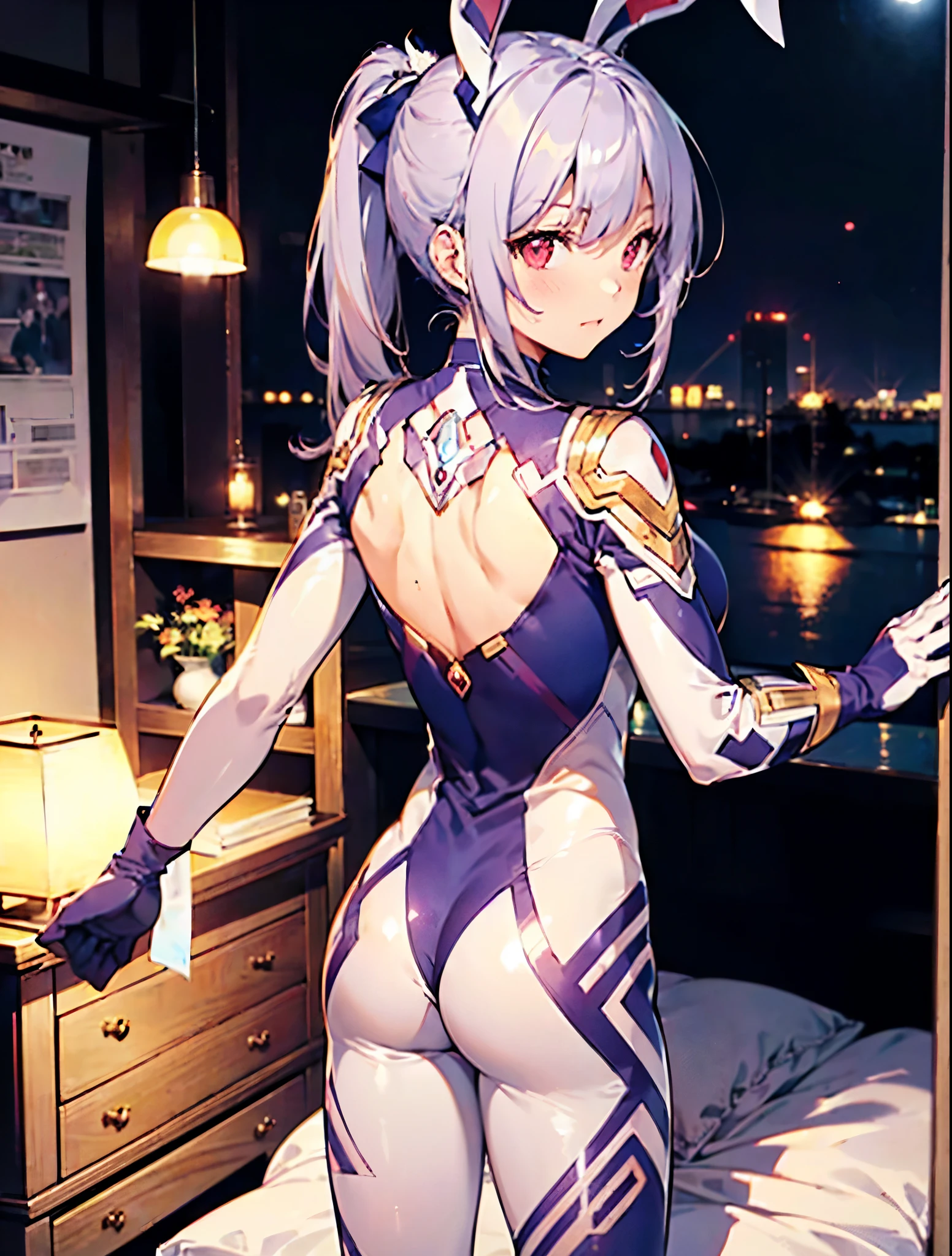(Close-up:1.3),Realistic,highest quality, Ultra Detail, High-quality CG rendering, The most delicate and beautiful, Floating softly, High resolution, (1 girl), (Highest quality,4K,8K,masterpiece:1.2) ,Light purple hair,Rabbit,Bunny ears,ponytail,Red eyes,(Ultra Girl:1.0),(Bright blue Ultraman bodysuit:1.4),(Blue gloves:1.3),(Blue shoes:1.3), (Turn your back to your audience:1.3),Ass,(背中にウサギのAss尾:1.5)