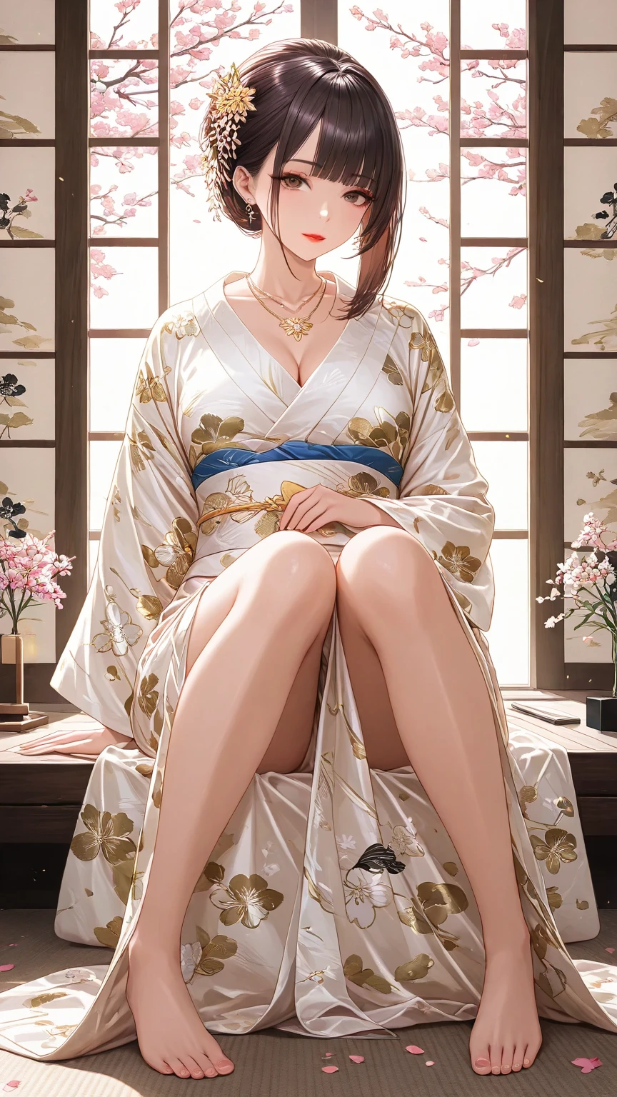 table top, highest quality, Highly detailed CG Unity 8K wallpaper, sexy witch , long dark blonde wavy hair、off shoulder knit, dark blue pleated skirt, medium milk, saggy breasts, cleavage, blush, shy smile, bare shoulders, (Pink floral panties、、Pink floral bra、show panties、open your legs）high heels、nice magic book、Castle Church、sexy pose、Sit on the floor、side boob、