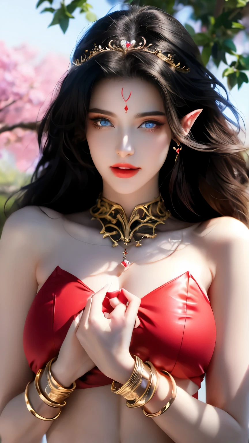 One 20 year old girl, (breast :1.1), navel,upper body,bare shoulders,wears red tube top,red skirt, blue gems,shiny skin,hand in own hair,(mature female),milf, beautiful cai lin, deep blue eyes, jet black long hair, face symmetry 8k resolution high quality. background: around the garden surrounded by Sakura trees with fluttering sakura petals,
Image from head to thighs, hourglass figure, bare round shoulders, exposed midriff, a tilak on her forehead,ornamental logo on her forehead, snake crown, necklace, earings with blue gem, long black hair bangs, pointy ears,golden bracelets,Bright lightening under the sun through sakura canopy. High quality 16k resolution,( HDR :1.3), cinematic look, ultra-detailed,ultra lightening, (photorealistic :1.4), long thin straight eyelashes, dense black eyelashes,sharp eyes, diamond shaped head, straight nose, closed heart shaped lips, front view pose looking at viewer, sexy, (intricate details: 1.1), (masterpiece: 1.3)
